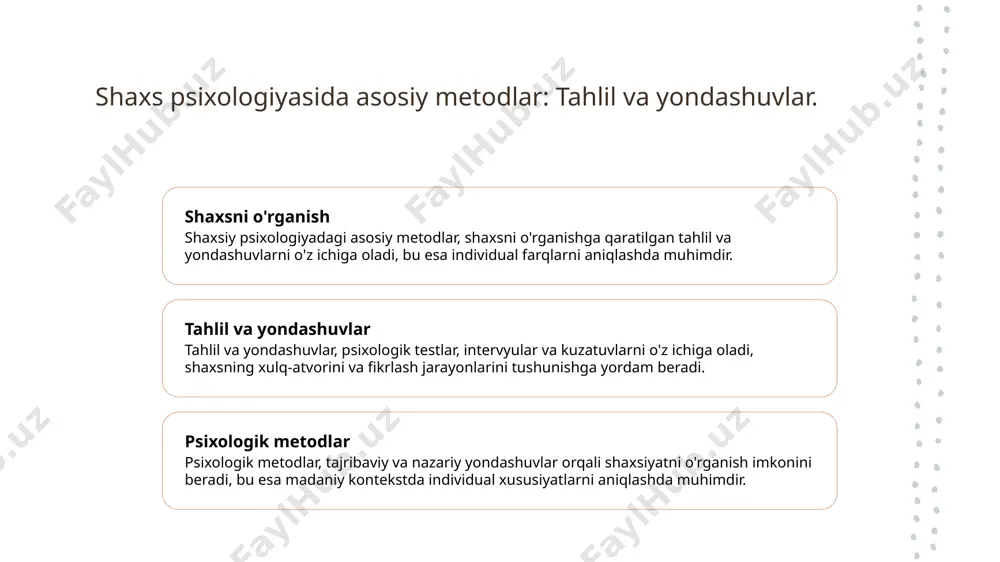 adaniy an'analar, oilaviy, diniy va milliy qadriyatlar orqali o'z ifodasini topadi. ta'limning roli o'zbekistonda ta'lim, shaxsiyatni rivojlantirishda muhim ahamiyatga ega. yoshlar o'z madaniyati va tarixini o'rganib, shaxsiy farqlarini aniqlaydi. ijtimoiy muhit o'zbekistondagi ijtimoiy muhit shaxsiyatni shakllantirishda muhim omil hisoblanadi. do'stlik, oilaviy aloqalar va jamoatchilik qadriyatlari shaxsiy xulq-atvorni belgilaydi. madaniyat va shaxsiyat: o'zaro ta'sir va farqlar. 1 madaniyatning ta'siri madaniyat shaxsiyatga kuchli ta'sir ko'rsatadi, chunki u insonning qadriyatlari, urf-odatlari va tajribalarini shakllantiradi, xulq-atvorini belgilaydi. 2 shaxsiyat va madaniyat shaxsiyat va madaniyat o'rtasidagi o'zaro bog'liqlik, shaxsning ijtimoiy muhitda qanday o'zgarishini va o'ziga xos xususiyatlarini aniqlaydi. 3 farqlar va o'xshashliklar har bir madaniyatda shaxsiy farqlar mavjud, lekin ba'zi umumiy xususiyatlar ham mavjud. bu o'zaro ta'sir insonlarning bir-birini qanday tushunishini belgilaydi. shaxsiy farqlar: madaniyatning roli va ahamiyati. 01 madaniyat va shaxsiyat madaniyat shaxsiyatni shakllantirishda muhim rol o'ynaydi, har bir insonning xulq-atvorini va fikrlarini belgilovchi elementlardir. 02 shaxsiy farqlar o'zbek madaniyatida shaxsiy farqlar an'anaviy qadriyatlar, …