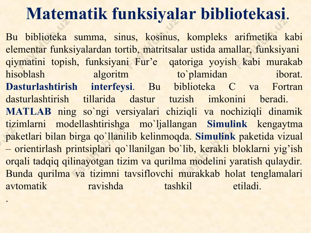 diradi. matlab da vektor va matritsalar ustida amallar bajaradigan funksiyalar. analitik geometriyada vektorlarni vektor va skalyar ko`paytmasini hisoblash, vektorlarni uzunligini aniqlash, kvadratik matritsaning determinantini hisoblash va shu kabi boshqa masalalar ko`p uchraydi. matlab da vektor va matritsalar ustida amallar bajarish uchun bir qator funksiyalar mavjud. umumuan olganda matlab dasturi massivlarni guruhli hisoblash imkoniyatiga ega. boshqa dasturlash tillarida buni tsikl operatorlaridan foydalanib amalga oshiriladi. masalan y=sin(h) funksiyaning qiymatlarini oraliqda t=0,01 qadam bilan hisoblash uchun quyidagi qisqa ifoda orqali >>h=0:0.01:2*pi; y=sin(h) berilgan sin(h) funksiyaning qiymatlarini 629 ta nuqtada hisoblash mumkin. e'tiboringiz uchun raxmat! tuzuvchi: eshmurodov azamat qarmii axborot texnologiyalari ú ú ú ú û ù ê ê ê ê ë é 1 14 15 4 12 7 6 9 8 11 10 5 13 2 3 16