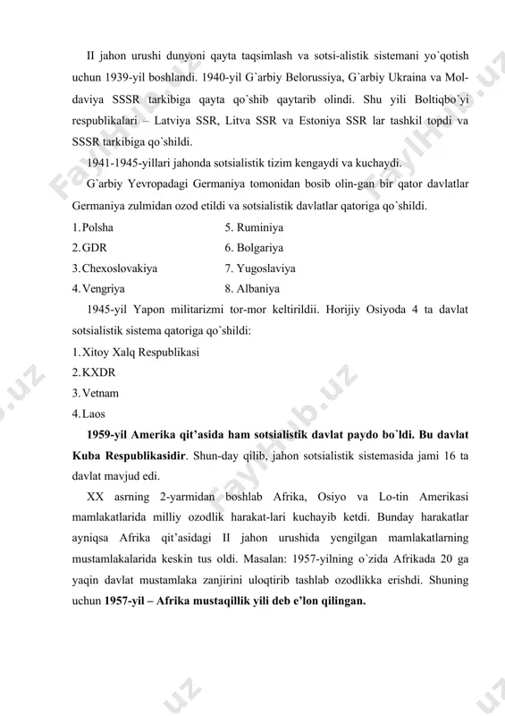 ketishi natijasida dunyo siyosiy kartasida 15 ta suveren davlat paydo bo`lishi. · chexoslovakiyaning ikki davlatga bo`linib parchala-nishi: chexiya – praga, slovakiya – bratislava. · yufsr dagi siyosiy ahvolning keskinlashuvi va o`zaro janglar natijasida 6 ta suveren davlatlar paydo bo`ldi: 1. xorvatiya – zagreb; 2. bosniya va gertsegovina – saraevo; 3. makedoniya – skope; 4. sloveniya – lyublyana 5. serbiya – belgrad 6. chernogoriya – podgoritsa ma’lumki, «dunyoda nechta davlat bor?» degan savol-ga aniq bir javobni aytish birmuncha mushkul. buning sababini dunyo xaritasida turli maqomga ega hududiy-ma’muriy birliklar – mustaqil davlatlar, jahon hamjami-yati tomonidan to`la tan olinmagan mamlakatlar, maqomi aniqlanmagan, boshqa mamlakatlarga qaram hududlarning mavjudligi bilan izohlash mumkin. 1933-yilda urugvayning montevideo shahrida o`tkazilgan xalqaro anjumanda davlat tushunchasiga aniq-lik kiritishga ilk bor to`xtalib o`tildi. anjumanda qabul qi-lingan, montevideo konvensiyasi deb nom olgan yakuniy hujjatda «davlat» tushunchasiga ta’rif berilib, uni siyo-siy-geografk birlik sifatida tan olishning quyidagi asosiy to`rtta mezoni belgilandi: 1. doimiy aholining …