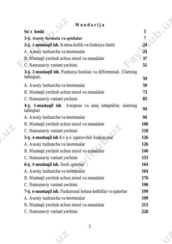 ravishda bilim olish vazifasini qo`ymoqda. qabul qilingan yangi davlat ta`lim standartlarida ilg`or chet el oliy ta`lim muassasalarida keng qo`llaniladigan va yaxshi samara beradigan mustaqil ta`lim olish usuliga asosiy e`tibor qaratildi. talabalarda o`quv adabiyotini mustaqil o`rganish va undan foydalana bilish malakalarini hosil qilish, mantiqiy fikrlashni o`stirish va matematikaviy madaniyatning umumiy saviyasini ko`tarish, tatbiqiy masalalarni matematikaviy tomondan tekshirish malakalarini hosil qilish va bu masalalarni matematikaviy tilda ifodalashga o`rgatish maqsadida o`quv dasturlariga matematik analiz fanidan mustaqil ishlar kiritildi va o`quv rejasida ularga mos soatlar ajratildi. ushbu qo`llanma matematik analiz fani chuqur o`rganiladigan universitetlarning talabalari tomonidan mustaqil ishlarni bajarishga mo`ljallangan bo`lib, u bakalavriatning «matematika», «tatbiqiy matematika va informatika» va «mexanika» yo`nalishlari davlat ta`lim standartlariga mos keladi. qo`llanma to`qqiz paragrafdan iborat bo`lib, 1-§ da matematik analiz fanidan mustaqil ishlarni bajarish jarayonida kerak bo`ladigan asosiy formula va qoidalar keltirilgan. qolgan paragraflarda esa «ketma-ketlik va funksiya limiti», «funksiya hosilasi va differensiali, ularning tatbiqlari», «aniqmas va aniq integrallar, …