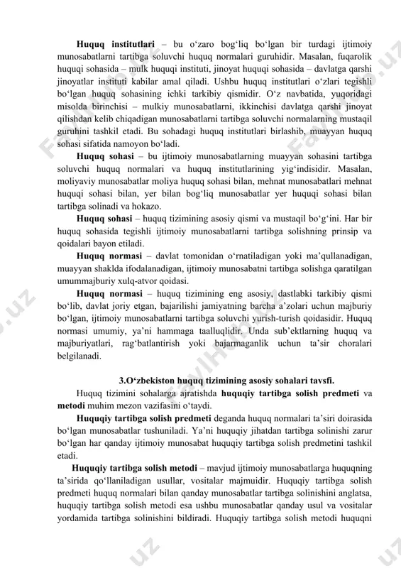 zaro bog‘liq bo‘lgan bir turdagi ijtimoiy munosabatlarni tartibga soluvchi huquq normalari guruhidir. masalan, fuqarolik huquqi sohasida – mulk huquqi instituti, jinoyat huquqi sohasida – davlatga qarshi jinoyatlar instituti kabilar amal qiladi. ushbu huquq institutlari o‘zlari tegishli bo‘lgan huquq sohasining ichki tarkibiy qismidir. o‘z navbatida, yuqoridagi misolda birinchisi – mulkiy munosabatlarni, ikkinchisi davlatga qarshi jinoyat qilishdan kelib chiqadigan munosabatlarni tartibga soluvchi normalarning mustaqil guruhini tashkil etadi. bu sohadagi huquq institutlari birlashib, muayyan huquq sohasi sifatida namoyon bo‘ladi. huquq sohasi – bu ijtimoiy munosabatlarning muayyan sohasini tartibga soluvchi huquq normalari va huquq institutlarining yig‘indisidir. masalan, moliyaviy munosabatlar moliya huquq sohasi bilan, mehnat munosabatlari mehnat huquqi sohasi bilan, yer bilan bog‘liq munosabatlar yer huquqi sohasi bilan tartibga solinadi va hokazo. huquq sohasi – huquq tizimining asosiy qismi va mustaqil bo‘g‘ini. har bir huquq sohasida tegishli ijtimoiy munosabatlarni tartibga solishning prinsip va qoidalari bayon etiladi. huquq normasi – davlat tomonidan o‘rnatiladigan yoki ma’qullanadigan, muayyan …