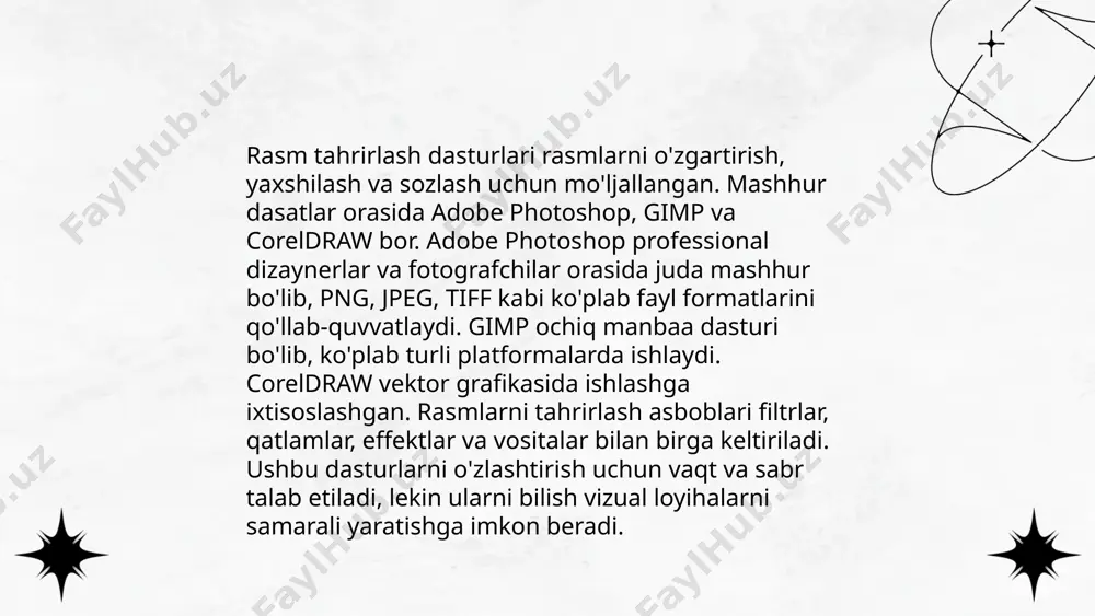 i. ushbu dasturlar orqali podkast yaratish jarayoni yaqinroq geografik joylashuvni hisobga olmagan holda, dunyo bo'ylab keng foydalaniladi. ... t.me/slaydai_bot multimedia ma'lumotlar bazalari turli xil mediani, jumladan, audio, video, rasm va matnni saqlash va boshqarish uchun mo'ljallangan. bu bazalar foydalanuvchilarga interaktiv va boy ma'lumotlardan foydalanish imkonini beradi. 1980-yillarning oxirlarida muloqot texnologiyalari rivojlanishi bilan multimedia ma'lumotlar bazalari keng qo'llanila boshlandi. bugungi kunda internetda audio va video oqimlari, raqamli kutubxonalar va e-learning tizimlarida ushbu bazalar muhim ahamiyat kasb etadi. mpeg-7 va mpeg-21 kabi standartlar multimedia ma'lumotlarini samarali boshqarishni taklif etadi. ushbu bazalar katta hajmli ma'lumotlar va yuqori ishlov berish quvvatini talab qiladi, bu esa zamonaviy texnologiyalarga asoslangan yechimlarni zarur qiladi. ... t.me/slaydai_bot 13. slayd-shou yaratish dasturlari slayd-shou yaratish dasturlari ko'plab imkoniyatlar va qulayliklar bilan taʼminlaydi. powerpoint eng keng tarqalgan dasturlardan biri bo'lib, vizual taqdimotlar yaratishda yuqori sifat va moslashuvchanlik taklif etadi. google slides onlayn rejimida qo'shma ishlash imkonini beradi. keynote — apple foydalanuvchilari …