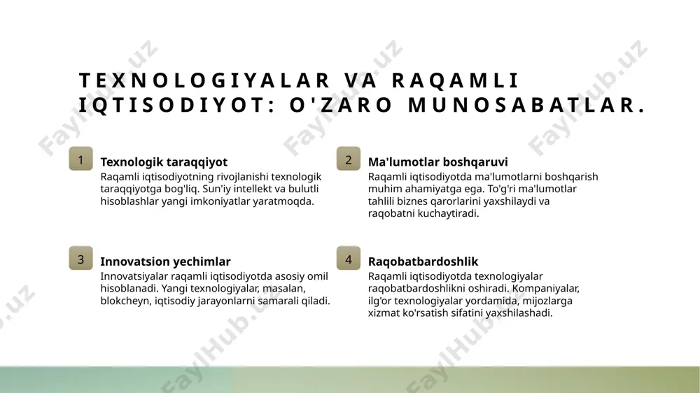 uchun qulayliklar taqdim etib, raqobatbardoshlikni oshiradi va yangi ish joylarini yaratadi, iqtisodiy barqarorlikni ta'minlaydi. o'zbekistonda raqamli innovatsiyalar rivojlanishi, xalqaro hamkorlik va investitsiyalarni jalb qilish orqali iqtisodiy o'sishni yanada kuchaytirishi kutilmoqda. global miqyosda texnologik o'zgarishlar va iqtisodiy o'sish. 1 global texnologiyalar global texnologiyalar raqamli iqtisodiyotning asosiy qismidir. internet, sun'iy intellekt va bulutli texnologiyalar iqtisodiy o'sishni tezlashtiradi. 2 innovatsiyalar va o'sish innovatsiyalar iqtisodiy o'sish uchun zarurdir. yangi mahsulotlar va xizmatlar yaratilishi, ish o'rinlari va investitsiyalarni ko'paytiradi. 3 raqobat va rivojlanish raqobatbardosh muhitda texnologik o'zgarishlar kompaniyalar uchun yangi imkoniyatlar yaratadi. bu rivojlanishga ijobiy ta'sir ko'rsatadi va global bozorlarni kengaytiradi. raqamli transformatsiya: kelajakning asosiy kaliti. 1 raqamli transformatsiya raqamli transformatsiya, biznes va iqtisodiyotning o'sishini ta'minlaydigan yangi imkoniyatlar yaratadi, xarajatlarni kamaytiradi va samaradorlikni oshiradi. 2 innovatsion yechimlar texnologik innovatsiyalar, masalan, sun'iy intellekt va bulutli hisoblash, raqamli transformatsiyaning asosi bo'lib, korxonalar uchun yangi strategiyalarni taqdim etadi. 3 o'zbekistondagi o'zgarishlar o'zbekistonda raqamli transformatsiya, iqtisodiy o'sish va raqobatbardoshlikni …