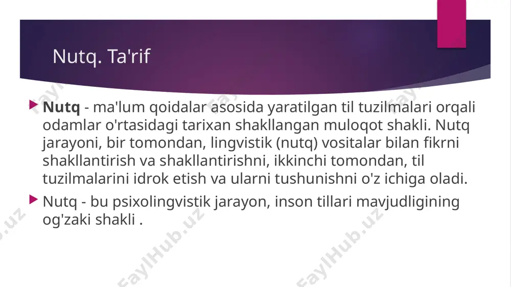 qilishdan iborat. m nutqning aqliy va fiziologik mexanizmlari nutq faoliyatining "mahsulli" turlari - nutq va yozish jarayonida quyidagi aqliy va fiziologik mexanizmlarning asosiy guruhlari ishtirok etadi: nutqning psixik va fiziologik mexanizmlari guruhlari i. _ nutqni dasturlash mexanizmi (uzatilgan ma'no ). nutqning aqliy va fiziologik mexanizmlari ii . gapning grammatik tuzilishini qurish, semantik xususiyatlar asosida kerakli so'zlarni izlash, ma'lum bir tovushni tanlash bilan bog'liq mexanizmlar guruhi ( og'zaki nutqda - tovush, fonema) yoki grafik tizim (yozma shaklda - grafema , harf ). funktsiyalarning bajarilishi markaziy asab tizimida, asosan , inson evolyutsiyasining so'nggi bosqichlaridan biri bo'lgan broka maydoni ( brodman maydoni 4 5) deb ataladigan temporal korteks hududida joylashgan . nutqning aqliy va fiziologik mexanizmlari iii . nutqni talaffuz qilishning haqiqiy amalga oshirilishini ta'minlaydigan fiziologik mexanizmlar ("gapirish" yoki "yozish" ning jismoniy jarayoni ). nutq birligi asosiy birligi (l.s. vygotskiyga ko'ra) bayonotdir , psixologik harakat yoki operatsiya sifatida. nutq birligi "nutq faoliyatining eng …
