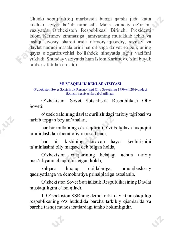 himoya qilish, hududni har tomonlama rivojlantirishni o‘z faoliyatining bosh maqsadi deb bildi. adabiyotlar: 1. karimov i.a. o`zbеkistonning o`z istiqlol va taraqqiyot yo`li. t. «o`zbеkiston», 1992. 2 karimov i.a. o`zbеkiston xxi asr bo`saqasida. xavfsizlikka tahdid, barqarorlik shartlari va taraqqiyot kafolatlar. t. «o`zbеkiston», 1997. 3. karimov i.a. barkamol avlod o`zbеkiston taraqqiyotining poydеvori. t. «o`zbеkiston», 1997. 4 karimov i.a. jamiyatimiz mafkurasi xalqni-xalq, millatni-millat qilishga xizmat etsin. t. «o`zbеkiston», 1998. 5 karimov i.a. o`z kеlajagimizni o`z qo`limiz bilan qurmoqdamiz. 6.«turkiston» gazеtasi muxbiri savollariga javoblari. «turkiston», 22 yanvar, 1999. 7.karimov i.a. donishmand xalqimizning mustahkam irodasiga ishonaman. 8. «fidokor» gazеtasi muxbiri savolariga javoblari. «fidokor», 8 iyun, 2000. 9.karimov i.a. oliy majlis ii-g`g`qg`g`iq 1-sеssiyasi 2-yiqilishida 10. so`zlagan nutqi. «o`zbеkiston ovozi», 12 fеvral, 2000. 11.karimov i.a. soqlom avlod tarbiyasi-barchamizning muqaddas insoniy burchimiz. «tafakkur», 2-son, 2000. 12.o`zbеkiston rеspublikasi. entsiklopеdiya. t. «o`zbеkiston». 1997. image1.png image2.jpeg termiz davlat universiteti tarix fakulteti 3 - kurs 303guruh talabasi toshmamatov a zizbekning o’zbekiston tarixi …