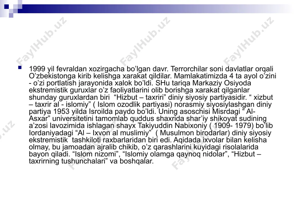7 yillarda andijonda tashkil topib, uning nomi guruh asoschisi - 1963 yilda tug‘ilgan yo‘ldoshev akrom nomi bilan bog‘liq. a. yo‘ldoshev hizbut tahrirning etakchisi an-nabahoniy g‘oyalari asosida 12 darsga mo‘ljallangan «imonga yo‘l» risolasini yozgan. shu sababdan akromiylarni «imonchilar» deb ham yuritiladi. akromiylar ham davlat tepasiga chiqish kabi g‘arazli maqsadlarni ko‘zlaydilar. biroq, ular tahrirchilardan farqli o‘laroq, xalifalik davlatini mahalliy sharoitdan kelib chiqib, avvalo andijonda, so‘ng farg‘ona vodiysida amalga oshirmoqchi bo‘ldilar. akromiylar siyosiy hokimiyatga erishishning 5 bosqichini rejalashtirganlar - «sirli», «moddiy», «uzviy», «maydon» va «oxirat». to‘rtinchi va beshinchi bosqichlar tamomila islomlashtirish davri tugagach boshlanishi va ochiqdan-ochiq hokimiyat uchun kurash bosqichlari bo‘lmog‘i lozim edi. bu guruh a’zolari asosan hunarmandlardan iborat bo‘lib, ular rasmiy ishxonalardan bo‘shab, jamoa ma’qullagan mehnat faoliyati bilan shug‘ullanganlar. zarurat tug‘ilganda «birodarlari»ga «jamoa banki»dan moddiy yordam berganlar. undan tashqari jamoa a’zolariga tashkiliy ravishda oziq-ovqat mollari tarqatib turilgan. quda-andachilik faqat «birodarlar» o‘rtasida amalga oshirilgan. o‘zbekistonga nisbatan islom fundamentalizmining tahdidi aqidaparastlikni yoyish, bu yo‘l …