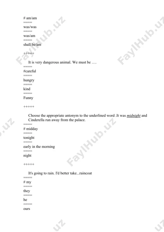 th. ==== # of /to ==== to/to ==== by/of ==== in/of +++++ choose the appropriate antonym to the underlined word. we are glad the interest rate is not very high. ==== # low ==== short ==== long ==== huge +++++ choose the appropriate pronoun to the underlined word. leave the girls alone. ==== # them ==== us ==== they ==== its +++++ choose the appropriate form of the adjective. anvar was ___of all the runners in the race. ==== # the quickest ==== - ==== quickest ==== quicker +++++ choose the best answer. the letters___ yesterday. ==== # were sent ==== will be sent ==== are sent ==== will send +++++ choose the appropriate modal verb. helen___ marry him if she wanted to. ==== # could ==== must ==== can ==== need +++++ choose the appropriate nonfinite form of the verb. paul sat in the sofa ___ a magazine. ==== …