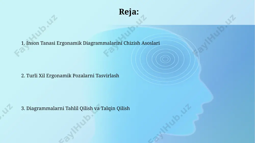 yuqori aniqlikdagi chizmalarni taqdim etadi, shuningdek, rasmlarni eksport qilish uchun turli formatlarni qo'llab-quvvatlaydi. microsoft visio yoki lucidchart kabi onlayn vositalar, dunyoning istalgan nuqtasidan 50 dan ortiq shablon va elementlar bilan foydalanish imkoniyatini taqdim etib, jamoaviy ish jarayonini soddalashtiradi va turli xil qurilmalar bilan muvofiqligi orqali samaradorlikni oshiradi. harakatlar diapazonini va chegaralarini aniqlash elka bo'g'imining abduksiya va adduksiya harakatlar diapazonini 170° gacha aniqlashda, inson tanasining anatomik tuzilishi va individual farqlarni hisobga olish muhim ahamiyatga ega, masalan, samarqanddagi shifoxonada. bel umurtqa pog'onasining fleksiya va ekstenziyasi chegaralarini aniqlash uchun 30° dan 60° gacha bo'lgan normal diapazondan chetga chiqishlarni aniqlash, shu jumladan, farg'onadagi klinikalarda qo'llaniladigan tekshiruv usullari muhim rol o'ynaydi. asosiy anatomik nuqtalar va o'lchovlar o'tirish holatida, belning lumbar qismi (l1-l5 umurtqalari oralig'i) taxminan 15-20 sm ga egiladi, bu ergonomik stullar dizaynida muhim o'lchov hisoblanadi va toshkentda o'tkazilgan tadqiqotlar buni tasdiqlaydi. elning uzunligi, o'rtacha 75 sm bo'lib, qo'lning anatomik nuqtalari (bilak, tirsak, yelka) o'lchovlarini …