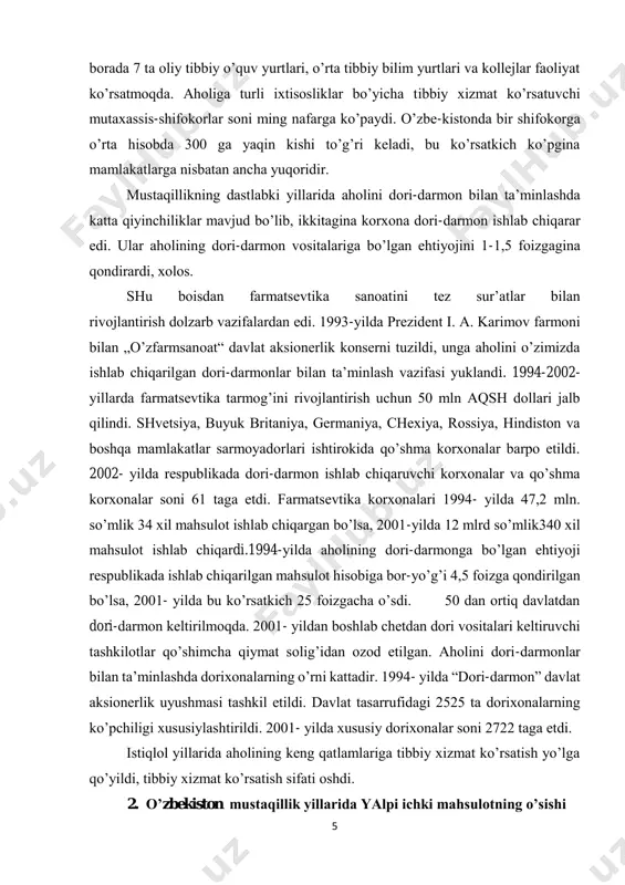 1991-2001-yillarda 19,5 ming o’rinli shifoxonalar, 95,7 ming tashrifli poliklinikalar qurilib foydalanishga topshirildi. 1991-yilda shifoxonalar soni 1300 tani tashkil etgan bo’lsa, 2001- yilda ularning soni 1500 tadan ortdi. ambulatoriya-poliklinikalarning soni esa 3 mingdan 4,8 mingtaga etdi yoki 1,6 baravar ko’paydi. qishloq joylarida 1600 dan ortiq vrachlik punktlari ochildi. respublikamizda shifokorlarning malakasini oshirish va qayta tayyorlashga, yosh shifokorlarni tayyorlash ishlariga alohida e’tibor berildi. bu 5 borada 7 ta oliy tibbiy o’quv yurtlari, o’rta tibbiy bilim yurtlari va kollejlar faoliyat ko’rsatmoqda. aholiga turli ixtisosliklar bo’yicha tibbiy xizmat ko’rsatuvchi mutaxassis-shifokorlar soni ming nafarga ko’paydi. o’zbe-kistonda bir shifokorga o’rta hisobda 300 ga yaqin kishi to’g’ri keladi, bu ko’rsatkich ko’pgina mamlakatlarga nisbatan ancha yuqoridir. mustaqillikning dastlabki yillarida aholini dori-darmon bilan ta’minlashda katta qiyinchiliklar mavjud bo’lib, ikkitagina korxona dori-darmon ishlab chiqarar edi. ular aholining dori-darmon vositalariga bo’lgan ehtiyojini 1-1,5 foizgagina qondirardi, xolos. shu boisdan farmatsevtika sanoatini tez sur’atlar bilan rivojlantirish dolzarb vazifalardan edi. 1993-yilda prezident i. a. …