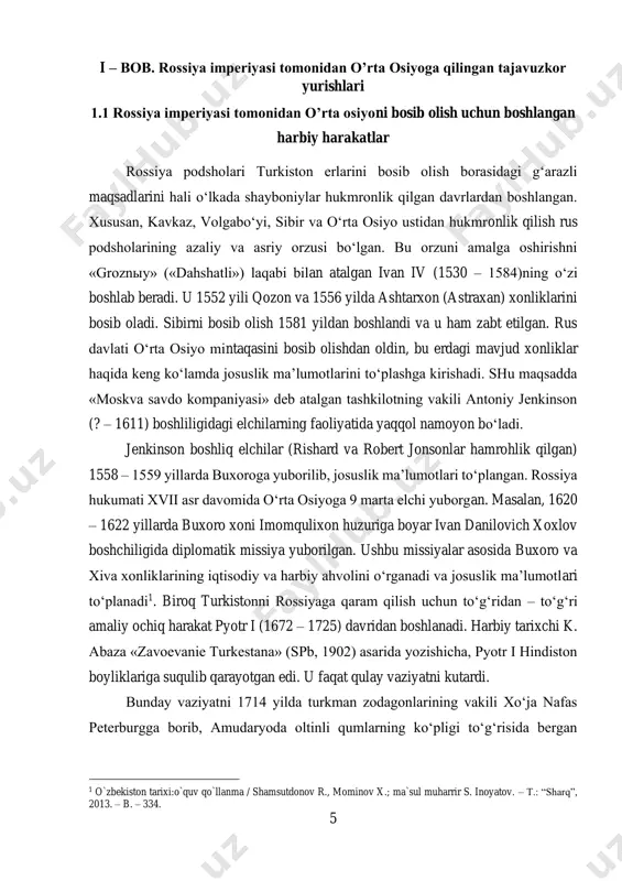 s qo‘shinlarini 5 ta shaharga bo‘lib yuborgan va ularni alohida – alohida qirg‘in qilgan1. qozog‘iston hududlarida harbiy qal’alar va istehkomlar barpo etish esa pyotr i zamonidayoq boshlangan edi. 1717 yilda omsk, 1718 yilda semipalatinsk, 1720 yilda ust – kamenogorosk, 1742 yilda orenburg qal’alari quriladi. faqat xviii asrning o‘zida hozirgi qozog‘icton hududlarida o‘zbek xonliklariga bostirib borishda foydalanish uchun 46 ta katta va 96 ta kichikroq harbiy qal’a va istehkomlar qurdiradi, ularga qo‘shinlarini joylashtiradi. qozog‘icton hududlarini zabt etilishi podsho rossiyasi ma’murlarining turkiston erlarini egallash borasidagi bosqinchilik harakatlariga qulay shart – sharoitlar yaratadi. biroq xviii asr oxiri va xix asr boshlaridagi rus – turk urushi (1806 – 1812), rus – shved urushi (1808 – 1809), rus – fors urushi (1805 – 1813) va nihoyat napoleonga qarshi 1805 – 1812 yillardagi to‘qnashuv va urush, qolaversa, podsho rossiyasining mustabid hokimiyatiga qarshi dekabristlar nomini olgan dvoryanlar qo‘zg‘oloni va uni bostirish rossiya hukumatining turkistonga nisbatan bosqinchilik siyosatini …
