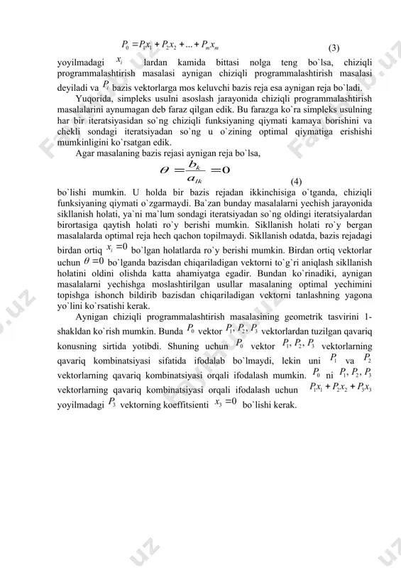 avariq kombinatsiyasi orqali ifodalash mumkin bo`ladi. vektorni qavariq konusning ichiga siljitish uchun ixtiyoriy kichik son olib, vektorlarning kombinatsiyasini tuzamiz va uni masalaning cheklamalarining o`ng tomoniga qo`shib yozamiz: (5) hosil bo`lgan vektor vektorlardan tashkil togan qavariq konusning ichida yotadi (1- shakl). demak, p0 ni vektorlarning qavariq kombinatsiyasi orqali ifodalash mumkin. xuddi shuningdek, umumiy holda berilgan masalaning (6) cheklamalarini quyidagicha yozish mumkin: (7) faraz qilaylik, bazis vektorlar bo`lib, ular matritsani tashkil qilsin. u holda (8) berilgan masalaning yechimi va (9) o`zgartirilgan (5.5) chegaralovchi shartli masalaning yechimi bo`ladi. (10) tenglik o`rinli bo`lgani uchun (8) ni ushbu ko`rinishda ifodalash mumkin. (11) demak, sistemaning o`ng tamoni quyidagicha aniqlanadi: (12) (13) kichik son bolgani uchun . simpleks usulini qo`llash jarayonida bazisdan chiqariladigan vektorni aniqlash uchun (14) formuladan foydalanamiz. farazga asosan nisbat da minimumga erishadi. agar qiymat, indeks uchun o`rinli bo`lsa, u holda bazisdan chiqariladi. bazisga kiritiladigan tanlangandan so`ng, simpleks jadval ma`lum yo`l bilan almashtiriladi. natijada topilgan …