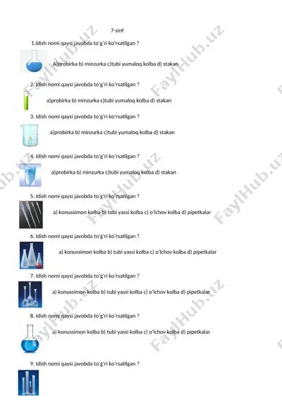 7-sinf kimyo idishlari nomlari savollari — DOCX