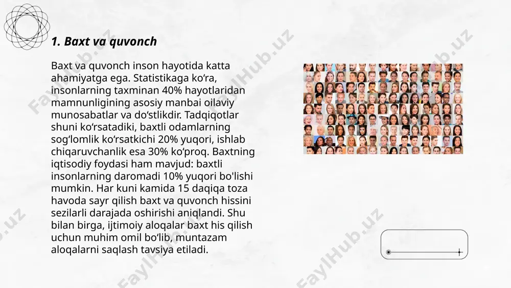 muammolarni hal qilishda samaradorlikni 50% ga oshiradi. bu yondashuv insonlarga aniq maqsadlar qo'yishda va ularni amalga oshirishda yordam beradi. voqelikni tushunish va qabul qilish orqali shaxslar o'z hissiy holatini 40% ga yaxshilashlari mumkin. realistik munosabatlar rivojlanishda muhim ahamiyatga ega va individlarga turli murakkab vaziyatlarni 30% osonlik bilan bartaraf etishga imkon beradi. ... t.me/slaydai_bot 7. ijobiy va salbiy hislar ijobiy hislar shaxsning ruhiy holatini va kayfiyatini yaxshilaydi. bu turdagi hislarga baxt, quvonch, muhabbat kiradi. ijobiy hislar inson salomatligini yanada mustahkamlaydi va yaratuvchanlikni oshiradi. salbiy hislar esa stress, g'azab va qo'rquvni o'z ichiga oladi. ular insonning ruhiy va jismoniy holatiga salbiy ta'sir ko'rsatishi mumkin. salomatlikni saqlash uchun ijobiy hislarga e'tibor qaratish lozim. ijobiy va salbiy hislarning muvozanati shaxsning umumiy farovonligini ta'minlaydi. ijobiy va salbiy hislarning nisbati turli tadqiqotlar bo'yicha o'rganilgan, ammo optimistlar ko'pincha ko'proq ijobiy his-tuyg'ularni boshdan kechiradilar. ... t.me/slaydai_bot fikrlar va ongli xissiyotlar inson ongining asosiy jihatlari bo‘lib, ular orqali biz …