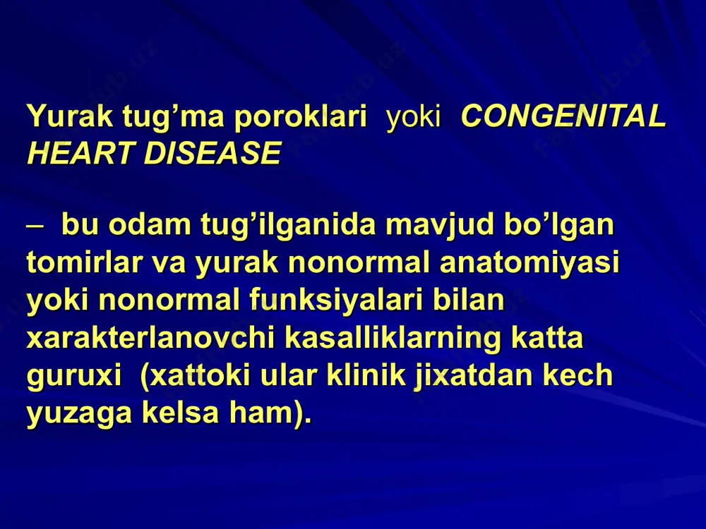 positions of the heart and cardiac apex other conditions congenital pericardial defects single atrium single ventricle (univentricular atrioventricular connection) congenital arrhythmias congenital complete heart block supraventricular tachycardia embrionda (33-37 kunda – а,в, с, д) va tug’ilgan zahotidaki (е) yurak bo’lmachasi sxemasi odam embrioni yuragining sxematik kesmasi(embrionda o’lchami 15 – umumiy qorinchalar, embrionda 19 мм o’lchamli to’siq paydo bo’lishi) bola embrionida yirik tomirlarning rivojlanishi odam embrionida qon aylanishi yurak tug’ma poroklarining rivojlanish sabablari bu genetik anomaliyalar bilan bog’liq, sababi quyidagilar bo’lishi mumkin: nasliy omillar embrion rivojlanishining 1-trimestrida xromosoma aparatiga ta’sir etish va b.. - tyg’ma yurak poroklari rivojlanishida ma’lum sabablar bo’lajak onada xomiladorlikning birinchi trimestrida virusli infeksiya (asosan – qizilcha) xomiladorlik vaqtida alkogol qabul qilish xomiladorlik paytida ba’zi dori preparatlarini qabul qilish (litiy, talidomid) xomiladorlik vaqtida onada sle tug’ma yurak poroklari chastotasi– 8:1000 ba’zi tug’ma yurak poroklarini solishtirma o’girligi (в %%) ventricular septal defect 30.5 atrial septal defect 9.8 patent ductus …