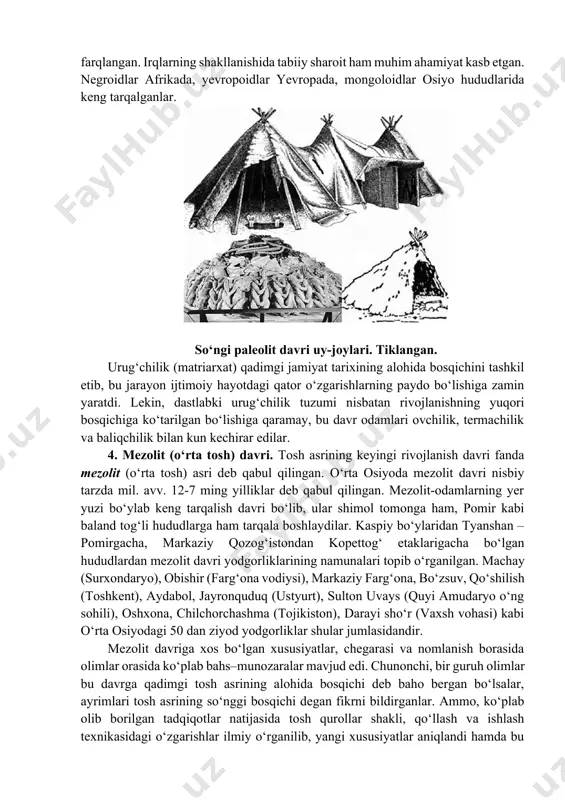 boshladilar. ular endi faqat tog‘li hududlarda yashab qolmay vohalar bo‘ylab tarqalib, tekisliklarda, daryo va ko‘llar bo‘ylarida joylashadilar hamda qarindosh-urug‘chilik jamoalariga bo‘linadilar. natijada jamiyatda juft oilalar paydo bo‘ladi hamda ular ayrim urug‘larni birlashtirib urug‘ jamoasini tashkil etadilar. so‘nggi paleolit hayotdagi eng muhim xususiyati shundaki, bu davrda ibtidoiy to‘dadan urug‘chilik jamoasiga o‘tila boshlandi. so‘nggi paleolit davrida xo‘jalikni boshqarish, olovni saqlash ayollar zimmasida bo‘lgan. shu bois ham urug‘chilik tuzumiga asoslangan ibtidoiy jamoa - matriarxat (ona urug‘i jamoasi) deb atalgan. shuningdek bu davrga kelib hozirgi zamon qiyofasidagi odamning shakllanishi bir vaqtning o‘zida yevropoid, negroid va mongoloid irqlarining paydo bo‘lishiga olib kelgan edi. ular bir-birlaridan terisining rangi, soch va ko‘zlarining shakli hamda rangi, muskular va bo‘ylarining uzun-kaltaligi, bosh suyagining shakli, yuz tuzilishi va boshqa belgilari bilan farqlangan. irqlarning shakllanishida tabiiy sharoit ham muhim ahamiyat kasb etgan. negroidlar afrikada, yevropoidlar yevropada, mongoloidlar osiyo hududlarida keng tarqalganlar. so‘ngi paleolit davri uy-joylari. tiklangan. urug‘chilik (matriarxat) qadimgi jamiyat tarixining …