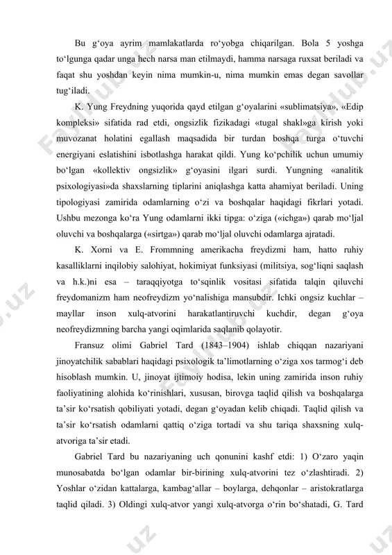 g barcha yangi oqimlarida saqlanib qolayotir. fransuz olimi gabriel tard (1843–1904) ishlab chiqqan nazariyani jinoyatchilik sabablari haqidagi psixologik ta’limotlarning o‘ziga xos tarmog‘i deb hisoblash mumkin. u, jinoyat ijtimoiy hodisa, lekin uning zamirida inson ruhiy faoliyatining alohida ko‘rinishlari, xususan, birovga taqlid qilish va boshqalarga ta’sir ko‘rsatish qobiliyati yotadi, degan g‘oyadan kelib chiqadi. taqlid qilish va ta’sir ko‘rsatish odamlarni qattiq o‘ziga tortadi va shu tariqa shaxsning xulq-atvoriga ta’sir etadi. gabriel tard bu nazariyaning uch qonunini kashf etdi: 1) o‘zaro yaqin munosabatda bo‘lgan odamlar bir-birining xulq-atvorini tez o‘zlashtiradi. 2) yoshlar o‘zidan kattalarga, kambag‘allar – boylarga, dehqonlar – aristokratlarga taqlid qiladi. 3) oldingi xulq-atvor yangi xulq-atvorga o‘rin bo‘shatadi, g. tard fikricha, taqlidni modaga o‘xshatish mumkin. insoniyat taraqqiy etishi bilan jamiyatda taqlidning ta’sir doirasi kengayadi, binobarin, odamlar sodir etuvchi jinoyatlar soni ham ko‘payib boradi. jinoyatchilik sabablarining sotsiologik nazariyalari. jinoyatchilik sabablariga nisbatan sotsiologik yondashuvlar asosan xviii-xix asrlar oralig‘ida shakllandi. ushbu ta’limotlarning asosiy xususiyati shundan iboratki, ular …