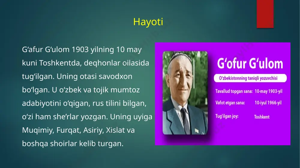 rsalarni qo‘lda qurol bilan himoya qilayotgan, yerda tinchlik istayotgan odamlarning ichki kechinmalari va o‘y-xayollari tasvirlangan. shoirning urushdan keyingi davr lirikasi uning urush yillar lirikasining mantiqiy davomi va rivoji hisoblanadi, “unutma, vatan seni kutmoqda!” va “g‘alaba bayrami” she’rlari — shoirning mazkur ikki ijodiy davrining bog‘lovchi halqasi kabidir. 2. g‘ofur g‘ulom 1966 yil 10 iyul kuni vafot etgan. chig‘atoy qabristoniga dafn etilgan. 3. o‘zbekiston, 100003, toshkent shahri, arpapay ko‘chasi, 1 manzili bo‘yicha yozuvchining uy-muzeyi faoliyat ko‘rsatib keladi. foydalanilgan manbaalar https://arboblar.uz/uz/people/gafur-gulyam https://www.google.com/search?rlz=1c1sqjl_enkr895kr895&sxsrf=apwxeddmtm6bb37m8onie1jijqudukmaza:1687106904008&q=gafur+gulom+hayoti+va+ijodi+ppt&tbm=isch&sa=x&ved=2ahukewjvnnj9os3_ahvodd4khby_cboq0pqjegqicxab&biw=1366&bih=625&dpr=1#imgrc=tith6vl3ea9mnm https://www.google.com/search?rlz=1c1sqjl_enkr895kr895&sxsrf=apwxedcm_tya7gzwai-b_jghdp0cibzxrg:1687107806403&q=gafur+gulom+hayoti+va+ijodi+ppt&tbm=isch&sa=x&ved=2ahukewjehv6rps3_ahw2sfuhhuvnaksq0pqjegqicxab&biw=1366&bih=625&dpr=1#imgrc=rxylmtsu0nsicm https://www.google.com/search?rlz=1c1sqjl_enkr895kr895&sxsrf=apwxedf3tponcnyk1hres4a_pdvvf4at5q:1687108906714&q=shum+bola+asari&tbm=isch&sa=x&ved=2ahukewiwyto4qs3_ahvkplybhxtjai8q0pqjegqidrab&biw=1366&bih=625&dpr=1#imgrc=fhzv39qv1xbngm https://factchecking.uz/2023/06/02/shum-bola-bbc-tomonidan-barcha-davrlarning-eng-yaxshi-bolalar-kitoblari-yuztaligiga-kiritildi/ https://talaba.su/shum-bola-asari-haqida/ e’tiboringiz uchun rahmat! image6.jpeg image7.jpeg image8.png image9.jpeg image10.png image11.jpeg image2.png image3.png image4.png image5.png /docprops/thumbnail.jpeg