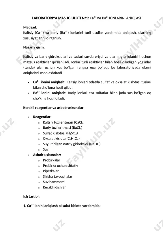 anatni tushunish. nazariy qism: eritrotsitlar — qonning qizil qon hujayralari bo‘lib, ular organizmda kislorod tashuvchi asosiy element hisoblanadi. eritrotsitlar osmotik sharoitlar o‘zgarganda hajmini o‘zgartiradi: · izotonik eritma: eritrotsitlar normal hajmda qoladi. osmotik bosim qon plazmasi bilan bir xil. · gipotonik eritma: suv eritrotsitlarga kirib, ularning shishishiga va hatto portlashiga (gemolizga) olib keladi. · gipertonik eritma: eritrotsitlardan suv chiqib ketib, ular kichrayadi va burishadi (plazmoliz). izotonik eritma nacl eritmasining 0,9% eritmasidir, bu qon plazmasi bilan bir xil osmotik bosimga ega. ushbu tajriba qon zardobidagi nacl kontsentratsiyasining izotonikligini eritrotsitlar reaktsiyalari yordamida aniqlashni o‘rgatadi. asbob-uskunalar va reagentlar: · eritrotsit suspenziyasi (yoki hayvon qoni) · nacl eritmalari (turli kontsentratsiyalarda: 0,2%, 0,5%, 0,9%, 1,5%) · probirkalar · pipetka · mikroskop · suv hammomi (agar kerak bo‘lsa) · probirka shtativi ish tartibi: 1. eritrotsit suspenziyasi tayyorlash: 1. yangi qon namunasi yoki eritrotsit suspenziyasidan foydalaning. 2. agar qon namunasidan foydalanayotgan bo‘lsangiz, uni tsentrifugalash orqali plazmadan ajratib oling …