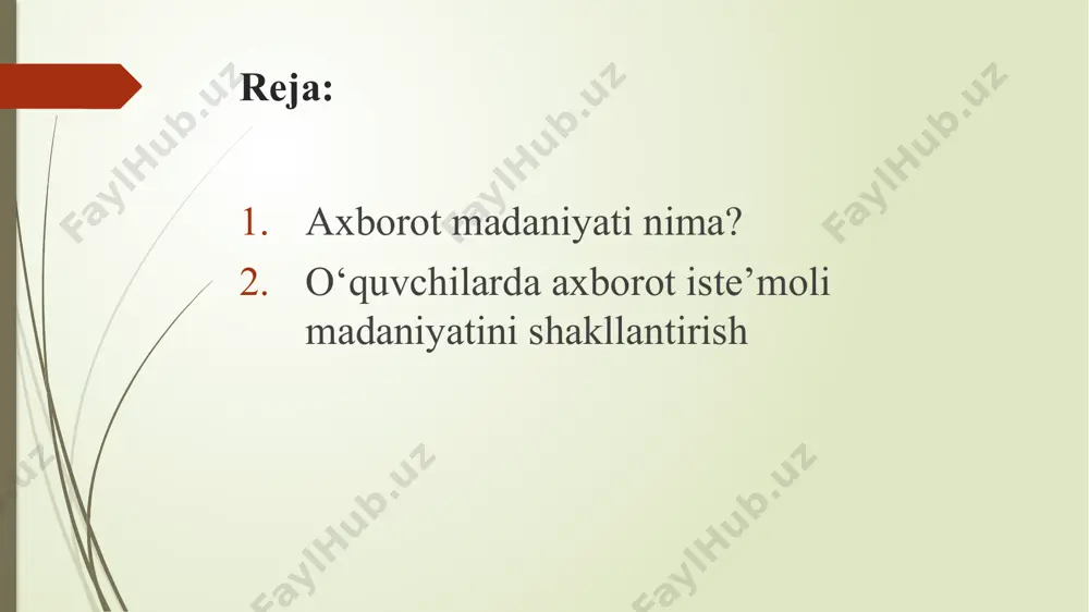 quvchi. faoliyat tuzilmasida axborot madaniyatining rolini kuchaytirish kerak bo’ladi. zamonaviy inson quyidagi omillar bilan belgilanadi: axborot hajmining keskin oshishi tufayli ilmiy-texnikaviy taraqqiyotning tezlashtirilgan sur'atlari; ma'lumotlarning muqarrar tarqalishi natijasida zamonaviy ilm-fanning differentsiatsiyasi va integratsiyasi; ilmiy o'zgarishlar tufayli bilimlarning tez eskirishi va ijtimoiy paradigmalar. zamonaviy ta'lim tizimi ma'lumotlar massivlarida harakat qilishni va bilimlarni ajratib olishni o'rganish qobiliyatini rivojlantirish uchun mo'ljallangan. shaxsning axborot madaniyatini shakllantirishda etakchi rol ta'lim muassasalariga beriladi. ta'lim tizimining o'ziga xos belgisi talabalarning ma'lum miqdordagi bilimlarni o'zlashtirishlari uchun zamonaviy sharoit kerak bo’ladi. uzluksiz g'oyalarni hayotga olib kelish zaruriyati bu esa ta’limdir. ta'lim tizimi uchun: talabalar ma'lum bir narsani o'zlashtirishlari bilan bilimlar yig'indisi paydo bo’ladi. (o'rganish, ma'lumot olish, undan kerakli bilimlarni olish. ko'nikmalarini rivojlantirish) bu shart bajarilgan taqdirdagina g‘oyani amalga oshirish mumkin "umrbod ta'lim". bu borada axborot ta’limini tashkil etish alohida ahamiyatga ega shaxsning axborot madaniyatini oshirish. axborot madaniyatini shakllantirish juda ko'p jihatlarni o'z ichiga olgan murakkab muammodir. u ijtimoiy, psixologik, …
