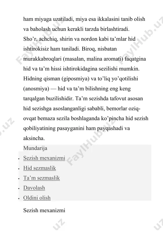 mavjud. havo orqali kirgan molekulalar burun yo’liga o’tib, ushbu kiprikchalarni qo’zg’atadi, bu esa yaqin atrofdagi asab tolalarida nerv impulsini keltirib chiqaradi. impulslar asab tolalari orqali miyaga uzatiladi, u yerda hidni farqlash jarayoni boshlanadi. hid aniqlangach, xotira uchun javobgar soha faollashadi va inson shu tariqa u yoki bu hidni tanib oladi. ta’m bilish tilning katta qismini minglab mayda ta’m sezish so’rg’ichlari qoplab turadi. ta’m so’rg’ichlari tarkibida kiprikchali retseptorlarning bir nechta turlari mavjud. retseptorlarning har bir turi beshta asosiy ta’mdan birini sezadi: shirin, sho’r, nordon, achchiq va maza (shuningdek, umami deb nomlanadi, glutamat natriyning ta’mi). ushbu ta’mlar butun til bo’ylab tanilishi mumkin, ammo tilning ba’zi qismlari ma’lum bir ta’mga ko’proq sezgir bo’ladi. shirin ta’m tilning uchi bilan oson aniqlansa, old yon tomonlar sho’r tamni yaxshi sezadi. nordonlik tilning yon tomonlaridagi, achchiqlik tilning orqa uchdan bir qismidagi retseptorlar tomonidan yaxshiroq seziladi. og’iz bo’shlig’iga ovqat tushganda, retseptorlar uning xuxusiyatiga qarab qo’zg’alib, miyaga nerv impulslari …