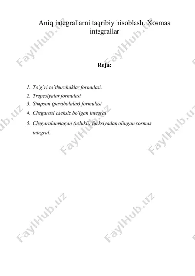 aniq integrallarni taqribiy hisoblash xosmas integrallar — DOC