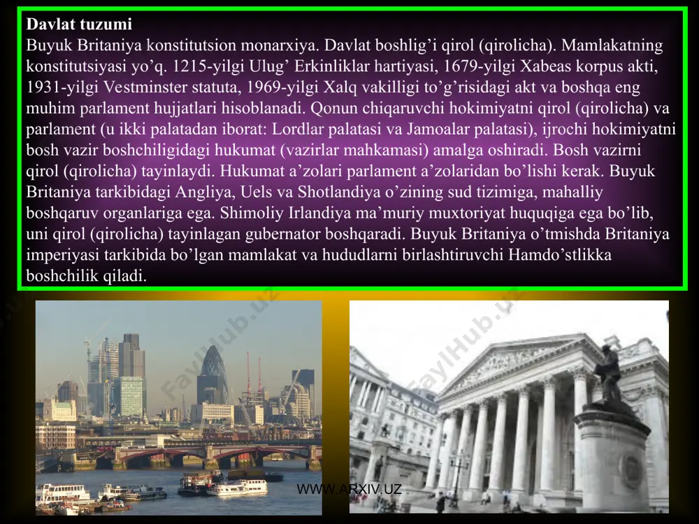 iv.uz 17—18-a.larda b. b. hindiston, shim. amerikada yangi yerlar zabt etdi. fransiyadan kanadani tortib oldi. shim. amerikadagi mustaqillik uchun bo’lgan urush (1775—83) natijasida shim. amerika mustamlakalari mustaqillikka erishdi va mustaqil aqsh davlati tashkil topdi. 18-a. oxiri — 19-a. boshlarida b. b. inqilobga qarshi koalitsiyaning, keyinchalik napoleon fransiyasiga qarshi ittifoqning asosiy tashkilotchisi bo’ldi. fransiyaning mag’lubiyatidan b. b. burjuaziyasi o’z savdo-sanoati va mustamlakachilik hukmronligini mustahkamlashda foydalandi. vena kongressi (1814—15) qarorlariga muvofiq, malta, seylon o.lari, jan. afrikadagi kap mustamlakasi va b. hududlar b. b.ga o’tdi. mustamlaka xalqparini talash hamda dehqonlarni yer mulkidan mahrum qilish evaziga sarmoya jamg’arilib, sanoatda to’ntarish yasashga zamin tayyorlandi. 19-a.ning 30-y.larida i. ch.ning fka tizimi qaror topdi. 30—40-y.larda siyosiy jihatdan shakllangan ishchilar harakati — chartizm keng avj oldi. b. b. hukumatining tashqi siyosati ingliz burjuaziyasining savdo-sanoat sohasidagi ustunligini mustahkamlash, mustamlakalarni ko’paytirishga qaratildi. b. b. yangi zelandiya, birma, jan. amerikadagi poyonsiz hududlarni bosib oldi, 19-a.ning birinchi yarmiga kelib, hindistonni zabt etishni …