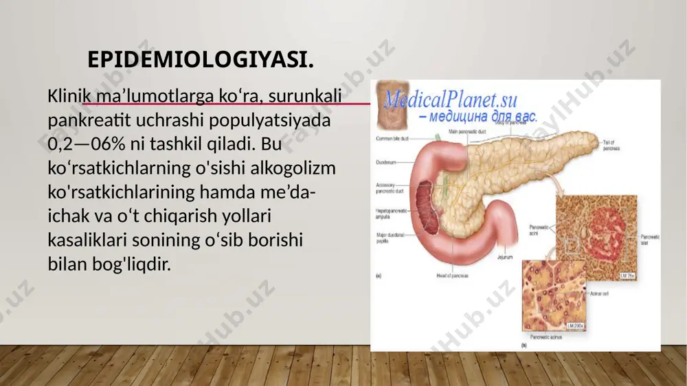 elib chiqadi. qandli diabet — insulin yetishmasligi natijasida kelib chiqadi. bu holatlar surunkali pankreatit kechishida gipoglikemiyaga mo- yillik, insulinga muhtojlik, ketoatsidoz rivojlanishiga sabab bo‘ladi. ekzokrin yetishmasligi. tchakda hazm bo‘lish va so‘rilish jarayon- larning buzilishi va ingichka ichakda infeksiya rivojlanishi bilan bog‘liq. belgilari: ich ketishi, steatoreya (yaqqol steatoreyada bemor najasi bo'tqasimon, yog‘li yaltiroq va badbo‘y hidli bo'ladi), meteorizm, qo- rin sohasidagi og‘riq, ko'ngil aynishi, qusish, ishtaha yo'qolishi, ozish va gipovitaminoz (а, в, e, к va bl2) belgilar kiradi. surunkali pankreatitning klinik shakllari latent (og'riqsiz) shakli — 5% bemorlarda uchraydi va quyidagi klinik belgilar bilan namoyon bo‘ladi: og'riq bo‘lmaydi yoki kuchsiz ifodalangan; vaqt-vaqti bilan bemorlarni kuchsiz namoyon bo‘lgan dispeptik belgilar (ko'ngil aynishi, qusish, ishtaha pasayishi, kekirish) bezovta qiladi; ba’zida ich ketishi yoki bo'tqasimon najas kuzatiladi; laborator tekshiruvlarda me’da osti bezining ichki va tashqi sekre- tor faoliyatining buzilishi kuzatiladi; koprologik tekshiruvda steatoreya, kreatoreya, amiloreya kuzati­ladi. surunkali retsidivlanadigan (og‘riqli) shakli - 55—60% holatlarda kuzatiladi, …