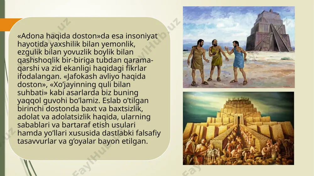 azariya) va boshqa ana shunday bo’limlar mavjuddir. foydalingan adabiyotlar 1. o’zbekiston respublikasining konstitutsiyasi. –t.: o’zbekiston, 2003. 2. karimov i.a. yovuz kuchlar xalqimizni o’z tanlagan yo’lidan qaytara olmaydi. (i.karimovning o’zbekiston televideniyasi uchun maxsus intervyusi) xalq so’zi 2004 yil 30 mart; 3. karimov i.a. vatanimizning tinchligi va xavfsizligi o’z kuch-qudratimizga, xalqimizning xamjihatligi va bukulmas irodasiga bog’liq (prezident i.karimovning o’zbekiston respublikasi oliy majlisining 14- sessiyasidagi nutqi) xalq so’zi 2004 yil 30 aprel; 4. abu homid g’azzoliy. mukoshafat-ul qulub. t-; 2002y. 5. abdulla sher. ahloqshunoslik: ma’ruzalar matni. –t.: 2000. 6. avloniy a. turkiy guliston yohud ahloq. –t.: o’qituvchi 1992. 7. azamat ziyo. kuchli jamiyat falsafasi. //tafakkur jurnali, 2002, 1-son. 8. www.ziyonet.uz 9. www.fikr.uz image1.jpeg image2.jpeg image3.jpeg image4.jpeg image5.jpeg image6.jpeg image7.jpeg image8.jpeg image9.jpeg image10.jpeg image11.jpeg image12.jpeg image13.jpeg /docprops/thumbnail.jpeg