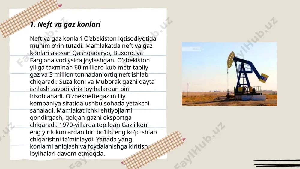 ashkil qildi. uzbekistan oltin zaxiralari bo‘yicha dunyoda yetakchi davlatlardan biri bo‘lib, 2021 yilda 101 tonna oltin ishlab chiqardi. ... t.me/slaydai_bot ma'dan fosfor konlari odatda fosfat minerallari shaklida uchraydi va ular global jinslardagi fosfat zaxiralarining katta qismini tashkil etadi. fosfor asosan marokash (taxminan 70% global zaxira), xitoy, aqsh, rossiya kabi mamlakatlardan qazib olinadi. ular o'g'it ishlab chiqarish uchun muhimdir. fosfor konlarining yiriklari floridada (aqsh), g'arbiy yevropa, afrika va rossiyada joylashgan. umumiy global fosfor zaxiralari taxminan 71 milliard tonnani tashkil etadi. resurslar ma'dan konlarining har bir tonnasidan o'rtacha 5-35% fosfat olish imkonini beradi. fosforning geologik qazib olinishi 2023 yilda taxminan 240 million tonnani tashkil etdi. bu zaxiralar asosan qishloq xo'jaligi o'g'itlari ishlab chiqarishda ishlatiladi. ... t.me/slaydai_bot 7. temir rudalari temir rudalari dunyodagi eng ko'p qazib olinadigan xom ashyolardan biridir. ushbu rudalar temir metallini ishlab chiqarish uchun muhim manbaga ega. dunyoda har yili taxminan 2.5 milliard tonna temir rudasi qazib olinadi. eng yirik …