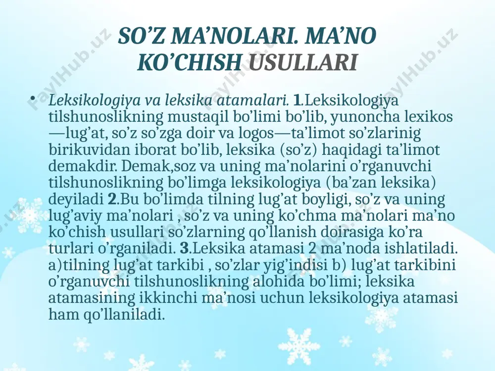 asosda bo’lishi mumkin. a) ikki predmet o’rtasidagi shakliy o’xshashlik; m: odam qulog’i—qozon qulog’i b)ikki predmet qayerda joylashishi bo’yicha o’xshashlik m: itning dumi ---- samolyotning dumi 5. formula: mavhum ot + aniq ot shaklidagi ko’chma ma’noli birikmalar ham,odatda, metaforani yuzaga keltiradi. m:hayot ostonasi,visol uyi sabr kosasi, ishq bog’i, hayo ko’chasi, hasad o’ti, takabburlik libosi, g’amza o’qi bular adabiyotshunoslikda istiora deb nomlanadi. 6.ba’zan kishi ismlari metafora usulida ko’chishi mumkin. m: yo’lbars, bo’riboy, qoplonbek, lochin, gulchehra, feruza, yoqutoy, asalxon, arslon, charos, ozoda… 7.metaforalarga juda yaqin bir vosita “o’xshatishlar” bo’lib,ular yordamida shaxs,predmet bir biriga o’xshatiladi,qiyos qilinadi. –day; -dek; go’yo, yanglig’, singari, xuddi kabi o’xshatish vositalaridan ham foydalaniladi. m: ulug’bek — misoli oftob nutq jarayonida metaforadan o’rinli foydalanish nutqimizni ta’sirchan, jozibali qiladi. so’zlovchining badiiy-estetik qobilyatini namoyon etadi. metonimiya haqida tushuncha metonimiya yunoncha qayta nomlash demakdir. 2.narsa va hodisalar o’rtasida makon va zamondagi o’zaro aloqadorlik asosida birining nomi ikkinchisiga ko’chishi metonimiya deyiladi. m: fuzuliyni oldim qo’limga …