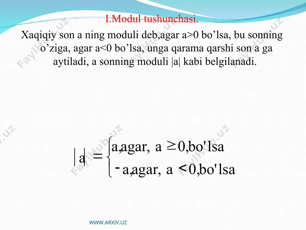 g uchun quyidagi 3x-6≥0 tengsizlikni yechish kifoya. demak, berilgan tenglamaning barcha yechimlar to’plami [2;+ ) oraliqdan iborat. www.arxiv.uz www.arxiv.uz c)|f(x)|=|g(x)| bunday tenglamani yechish uchun, tenglamaning har ikkala tomonini kvadratga oshirib ishlash kifoya. masalan: |2x-3|=|x+1| tenglamani yechamiz. tenglamaning har ikkala tomonini kvdratga ko'tarsak, (2x-3)2=(x+1)2 yoki 4x2-12x+9=x2+2x+1 bundan, x1=4 x2= yechimlarini topamiz. www.arxiv.uz www.arxiv.uz d) endi modul qatnashgan tenglamalarni yechishda eng samarali usullardan biri-”oraliqlar usuli” ni sizlarning e’tiboringizga havola etaman. masalan: |x-1|-2|x-2|+3|x-3|=4 tenglamani oraliqlar usulida yechamiz. bu tenglamani yechish uchun x-1=0, x-2=0, x-3=0 tenglamalarni yechib, x=1, x=2, x=3 sonlarni hosil qilamiz. bu sonlar o’qini to’rtta (i,ii,iii,iv) oraliqqa ajratadi. berilgan tenglamani shu oraliqlarning har birida yechamiz. www.arxiv.uz www.arxiv.uz oraliqlar usulida yechish x<1 bo’lsa, |x-1|=1-x, |x-2|=2-x, |x-3|=3-x bo’lgani uchun berilgan tenglama (1-x)-2(2-x)+3(3-x)=4 ko’rinishini oladi. bu tenglama x<1 shartni qanoatlantiruvchi yechimga ega emas. demak, berilgan tenglama (- ; 1) oralida yechimga ega emas. www.arxiv.uz www.arxiv.uz 1≤x<2 bo’lsa, |x-1|=x-1, |x-2|=2-x, |x-3|=3-x bo’lgani sababli, berilgan tenglama (x-1)-2(2-x)+3(3-x)=4 …