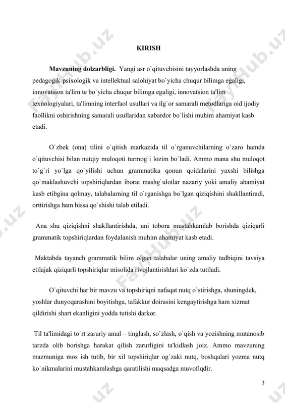 iruv ishimizning asosiy maqsadi hisoblanadi. kurs ishining vazifalari: kurs ishini amalga oshirish uchun quyidagi vazifalarni o`z oldimizga qo`ydik: 1. ona tili ta'limi darslarida amalga oshiriladigan, o`quvchilarning tafakkurini rivolantirishga xizmat qiladigan mustaqil o`quv topshiriqlarining o`ziga xos xususiyatlarini aniqlash; 2. mustaqil o`quv topshiriqlarini bajarish jarayonidagi o`quvchilarning tafakkurini shakllantiruvchi omilarini asoslash; 3. nutq o`quvchilarning faol fikrlashlarini shakllantiruvchi asosiy manba sifatida va vosita ekanligini izohlash; 4. ona tili ta'limi darslarida noan'anaviy o`quv mashg`ulotlarini tashkil etish usullarini va shu asosda to`plagan pеdagogik tajribalarimizni bugungi himoyaga tavsiya etish. tadqiqotning ob’ekti. sinfda va sinfdan tashqari o’qish darslari boshlang’ich sinflarda o’tiladigan barcha predmet dasturlarining bo’limlari bilan bevosita bog’liq mashg‘ulotlarning yangiligini ta’minlashga qaratilgan innovatsion texnologiyalar asosida dars o‘tish jarayoni tadqiqotimizning ob’ektini tashkil etadi. tadqiqotning predmeti. nutq o’stirish darslari, o’qish samaradorligini ijobiy tomonga ta’sir qilishning eng qulay usulidir. nutq o’stirish darslari boshlang’ich sinflarda o’tiladigan barcha predmet dasturlarining bo’limlari bilan bevosita bog’liq. o’qish darslarida o’tilgan mavzular asosida badiiy kitoblar axtarish, asar …