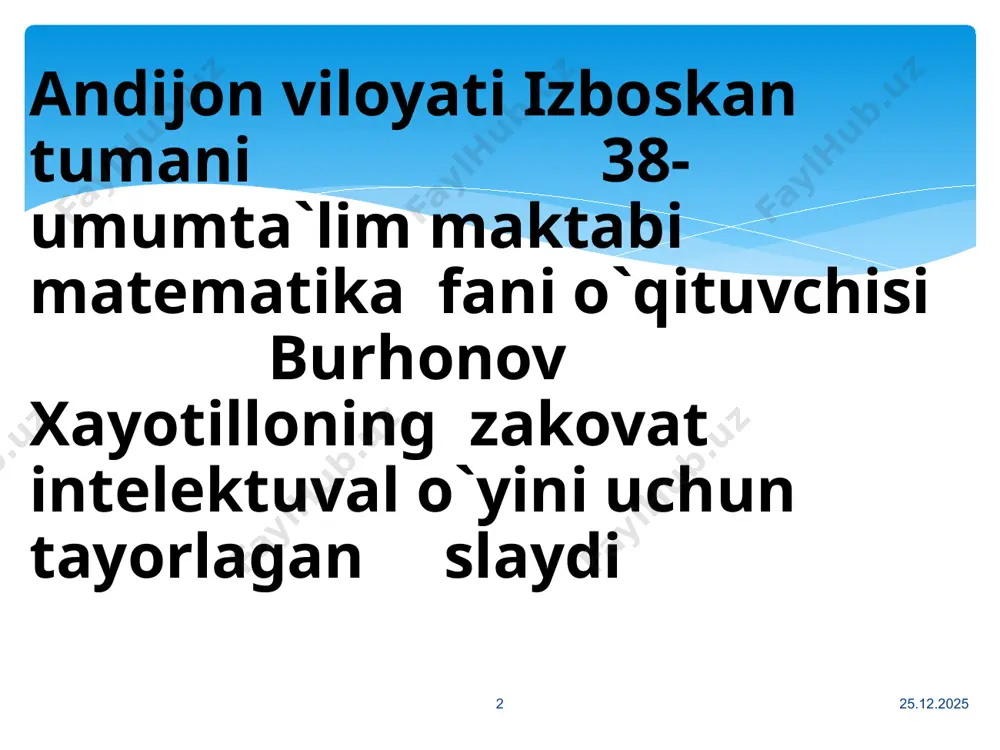 i qilmaslik haqidagi ogohlantirishni qayerda ko'ramiz? savol muallifi : burhonov xayotillo 21 10-savol sigaret qutilarida. "cheking, it qopmaydi, chunki hid(iniz)dan jirkanadi! cheking, o'g'ri urmaydi chunki yo'tal uyqu bermaydi! cheking, qarimaysiz chunki yosh o'tib ketasiz" to'g'ri javob sohibi: 10.02.2017 22 10-javob qaldirg`ochda-43, kabutar-42, g`oz -40, it-38. siz menga shunga o`xshagan yana bir masol keltiring savol muallifi : burhonov xayotillo 23 11-savol javob: odam 36,6 10.02.2017 24 11-javob ingliz professori muhammad anvar xning buyuk britaniya aholisi orasida keng tarqalganini odamlarning o’zini din bilan aloqador qilib ko’rsatishga bo’lgan xohishlari tufayli deb tushuntiradi. x ni 2 so’z bilan ayting. savol muallifi : burhonov xayotillo 25 12-savol javob: muhammad ismi 10.02.2017 26 12-javob ma’lumotlarga qaraganda bu kasb egalarini chap qulog’i yaxshi eshitmaydi yoki umuman eshitmaydi diqqat savol bu qaysi kasb egalari? savol muallifi : burhonov xayotillo 27 13-savol 10.02.2017 28 javob : skripkachilar atrofga qarasangiz meni ko'rmaysiz, agar meni ko'rsangiz boshqa narsani ko'rmaysiz. meni toping. …