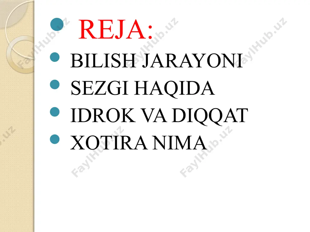 a aks ettirilishidir. idrokning muhim xususiyatlari uning predmetliligi, yaxlitligi, strukturaliligi, doimiyligi (konstantligi) va anglashilganligidir. idrok psixologiya fanida “persepiya” (lotincha, qayd etish) ma’nosini bildirib, uning sodda turi persepsiya, tajribaga o‘tgan qismi, “appersepsiya” deyiladi. g’ayritabiiy idrok - bu ichki sezgilardan ajralgan holatda telepatiya (fikran so‘zlashish), kleyarens ( normal holatdagi sezgi organlari bilan sezib bo‘lmaydigan sezish qobiliyati) hamda kelajakni oldindan ko‘ra olishni idrok qila olish qobiliyatining bahsli tasdig‘i hisoblanadi. parapsixologiya - bu odatdagi voqea hodisalarni g‘ayritabiiy sezuvchi idrok hamda g‘ayritabiiy aqliy iste’dodni o‘z ichiga qamrab olgan holatda izlanishlar olib boradi. diqqat -ongimizni bir nuqtaga to‘plab, ma’lum narsa va hodisalarga faol yo‘naltirilishiga aytiladi. diqqat sezish jarayonida, idrok qilishda, xotira, xayol va tafakkur jarayonlarida har doim ishtirok etadi. demak, diqqat barcha aks ettirish jarayonlarimizning doimiy yo‘ldoshidir. diqqat inson faoliyatining barcha turlarini muvaffaqiyatli amalga oshirishni va ularni samaradorligini ta’minlovchi muhim shartlardan biridir. kishi faoliyati qanchalik murakkab, serzahmat, davomiylik jihatdan uzoq muddatli, mas’uliyat xissini taqozo qilsa, u …
