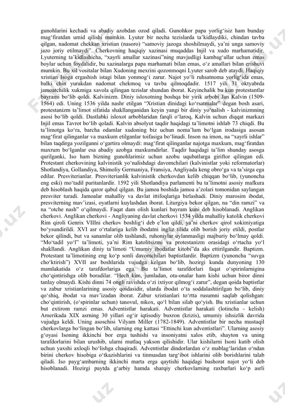 k afanasiy aleksandriyskiy, vasiliy velikiy, grigoriy bogoslov, ioann damasskiy, ioann zlatoust kabi yirik cherkov xodimlarining asarlari ushbu oqim ta’limotining asosi deb tan olingan. xristianlikning sharqiy tarmog‘i bo‘lmish pravoslaviyaning rivojlanishi jarayonida 14 mustaqil (avtokefal) cherkovlari: konstantinopol, aleksandriya, antioxiya, quddus, rus, gruziya, serb, rumin, bolgar, kipr, ellada, albaniya, polsha, chexoslovakiya, amerika cherkovlari shakllangan. 67 pravoslav oqimida sirli rasm-rusumlar muhim o‘rin egallaydi. cherkov ta’limotiga ko‘ra, bunday paytlarda xudo tomonidan dindorlarga alohida savoblar nozil bo‘ladi. cho‘qintirish - sirli hodisasi. bunda dindor o‘z tanasini uch marta suvga botirishi xudo-otani, o‘g‘ilni va muqaddas ruhni chaqirish bilan ruhiy tug‘ilishni kasb etadi. badanga еleyni surkash ham sirli bo‘lib, bunda dirdorga muqaddas ruhning ruhiy hayotga qaytaruvchi va chiniqtiruvchi ehsonlari ulashiladi. poklanishning sirliligi. unda dindor non va vino ko‘rinishida o‘z badanida iso qonini abadiy hayotga tayyorlaydi. nadomatning sirliligi shundaki, dindor o‘z gunoxlarini din peshvosi oldida tan oladi, din peshvosi esa uning gunoxlarini iso nomidan kechiradi. ruhoniylikning sirliligi u yoki bu …