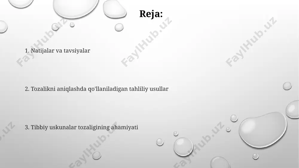 qda. mikroskopik tekshiruvlar, jumladan, 400x kattalashtirishda gram bo‘yash usuli orqali bakteriyalarni aniqlash, mikrobiologik tahlillar natijalarini tasdiqlash va tozalik darajasini baholashda qo‘llaniladi, toshkentdagi laboratoriyalarda bu usul standart sifatida qo‘llaniladi. tozalikni aniqlashda, 1 sm² yuzaga tushadigan koloniya hosil qiluvchi birliklar (cfu) sonini aniqlash uchun agar plastinkalari usuli qo‘llaniladi; bu usul andijon shahridagi tibbiyot asbob-uskunalarini sterillashtirish markazida keng qo‘llaniladi va yuqori aniqlikka ega. mikrobiologik ifloslanish turlari viruslar, jumladan, norovirus, 10¹ pfu/ml dan yuqori darajada surunkali ifloslangan endoskoplarda topilib, samarqand viloyatining kasalxonalarida epidemiya xavfini oshiradi. qo'ziqorinlar, xususan candida albicans, 10² cfu/sm² dan ortiq miqdorda aniqlanganda, toshkentdagi shifoxonalarda ko'p uchraydigan nosokomial infektsiyalar manbai hisoblanadi. mikrobiologik ifloslanishning bir turi – bakteriyalar, masalan, staphylococcus aureus, 10³ cfu/sm² dan yuqori konsentratsiyada tibbiy asbob-uskunaning sirtlarida topilib, kasalxonalarda infeksiyalarni keltirib chiqarishi mumkin. pcr usuli pcr usuli yordamida tibbiy asbob-uskunalardagi 10⁵ cfu/sm² dan kam bakteriyalarni aniqlash mumkin, bu esa jahon sogʻliqni saqlash tashkilotining (jsst) tavsiyalariga mos keladi. real-time pcr texnologiyasi yordamida, …