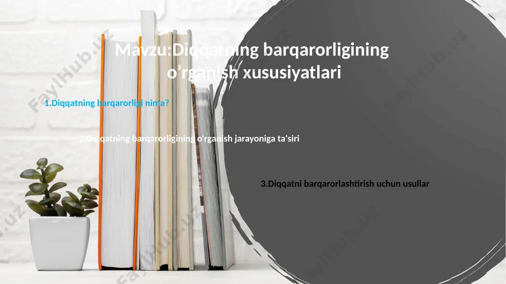 ash va ularni uzluksiz ravishda xotiraga joylashtirish mumkin bo'ladi. 3. vazifalarni bajarish davomida stress va charchoqni engish o'rganish jarayonida stress va charchoq paydo bo'lishi mumkin, bu esa diqqatni ta'sir qiladi. biroq, diqqatning barqarorligi bu holatlarni boshqarishda yordam beradi. agar diqqatni saqlashda muvaffaqiyatga erishilsa, o'quvchi yoki ishchi o'z faoliyatini davom ettirishi va maqsadga erishishi mumkin bo'ladi. 6 7 o'rganish jarayonida turli chalg'ituvchi omillar mavjud. masalan, telefonning ovozi, tashqi shovqin yoki boshqa fikrlar. barqaror diqqat, bularni e'tiborsiz qoldirib, faqat o'rganish faoliyatiga diqqatni qaratishga yordam beradi. bu esa o'rganish jarayonida yuqori samaradorlikni ta'minlaydi. 4. chalg'ituvchi omillarga nisbatan chidamlilik 8 diqqatni barqarorlashtirish uchun usullar diqqatning barqarorligini oshirish uchun bir qator metodlar va usullar mavjud. ular nafaqat o'rganish, balki kundalik faoliyatni samarali bajarishda ham yordam beradi. 8 9 1. meditatsiya va mindfulness texnikalari diqqatni oshirish uchun mindfulness (diqqatni hozirgi paytda saqlash) va meditativ mashqlarni qo'llash samarali bo'lishi mumkin. ushbu texnikalar miya faoliyatini yaxshilaydi, stressni kamaytiradi …