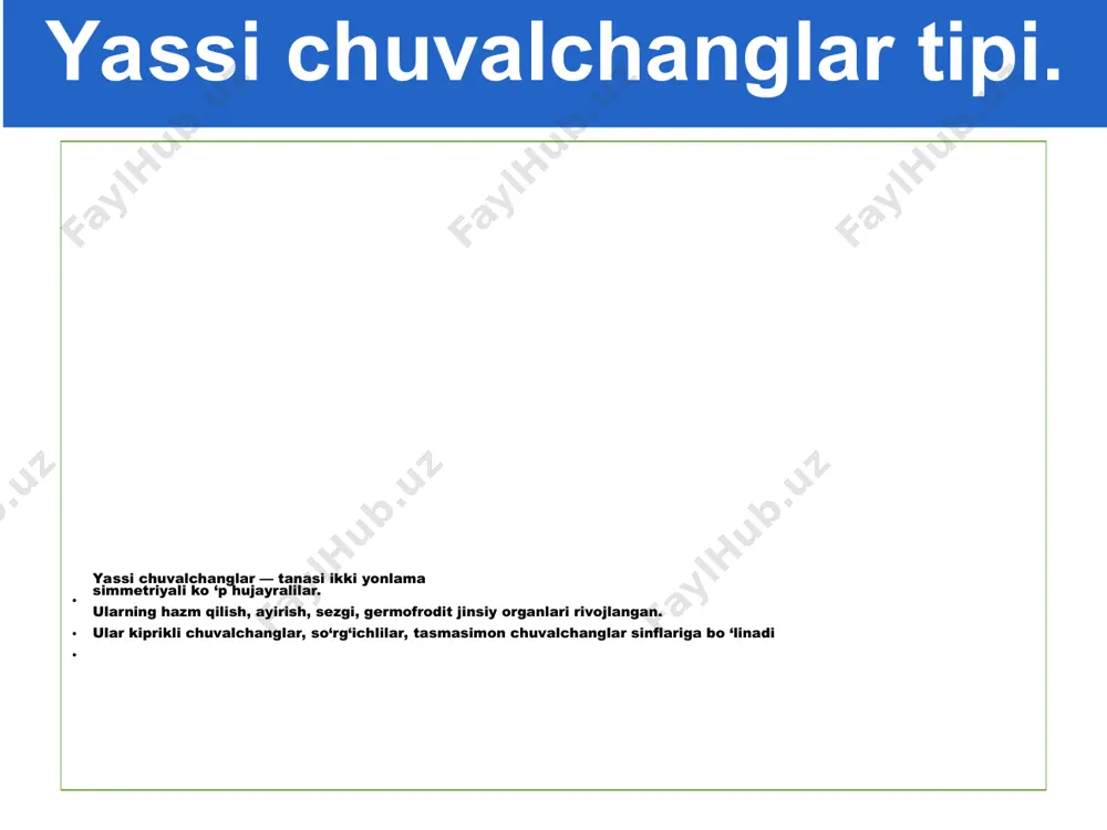 simonlar va hasharotlarning lichinkalari bilan oziqlanadi. o‘ljani tanasi bilan qoplab olib, so‘radi. oziq ichagida hazm bo‘lgach, ichak shoxchalari orqali tanaga tarqaladi. oziq qoldiqlari og‘iz teshigi orqali chiqarib yuboriladi. ayirish sistemasi. tanasining g‘ovak to‘qimasida juda ko‘p uchi berk naychalar joylashgan. bu naychalar tananing ikki yonidagi yirikroq ikkita naychaga kelib tutashadi. zararli moddalar tanadagi ortiqcha suv bilan birga mayda naychalarning ichiga sizib o‘tadi va ikki yon tomonda joylashgan yirik naylar orqali chiqarib yuboriladi. nerv sistemasi. planariyaning nerv hujayralari tananing oldingi to¬monida to‘planib, ikkita nerv tugunini hosil qiladi. nerv tugunlaridan tananing keyingi tomoniga ikkita yirik nervlar chiqadi. nerv tugunlaridan tananing hamma qismiga nervlar ketadi. nerv hujayralari va nerv tolalari birgalikda nerv sistemasini hosil qiladi. sezgi organlari. planariya terisi orqali har xil ta’sirlarni sezadi. agar unga biron narsa tegib ketsa, tanasini birdaniga qisqartirib oladi. paypaslagichlari, terisi va ko‘zchalari planariyaning sezgi organlari hisoblanadi. jinsiy sistemasi va ko‘payishi. tanasining oldingi qismida ikkita urg‘ochilik jinsiy organi — …