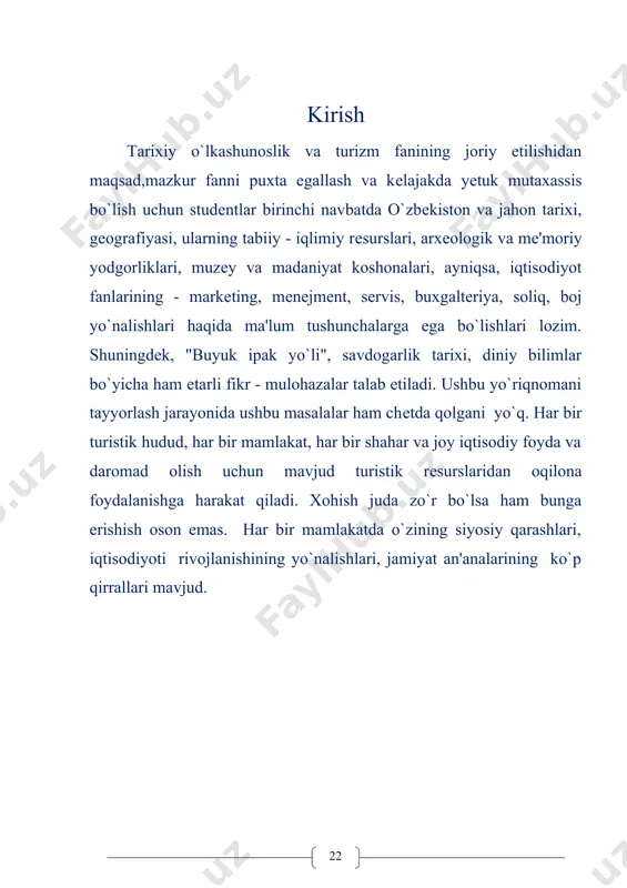 ining "turizm to`g`risida"gi qonunida turizm tushunchasiga quyidagi tarzda ta'rif berilgan: "turizm - jismoniy shaxsning doimiy istiqomat joyidan sog`lomlashtirish, ma'rifiy, kasbiy - amaliy yoki boshqa maqsadlarda borilgan joyda (mamlakatda) haq to`lanadigan faoliyat bilan shug`ullanmagan holda uzog`i bilan bir yil muddatga jo`nab kеtishi (sayohat qilishi)". turizm fransuzcha tour so`zidan olingan bo`lib, sayr - sayohat ma'nosini anglatadi. endi turizmning taraqqiyot jarayoniga nazar tashlab o`tamiz. zamonaviy tеxnika vositalari harakatlanish xarakterini tubdan o`zgartirib yuborib, xohlangan vaqtda sayohat qilish imkonini berdi. manbalarda 1815 - yilda frantsiya - angliya o`rtasida maxsus turlar tashkil qilinganligi yoziladi. yozuvchi va sayohatchi d. galinyany kеng omma uchun parijdan londonga uyushtiriluvchi bunday turlarning tashabbuskori bo`lgan. 1829 - yilga kеlib sayohatchilar uchun maxsus tayyorlangan dastlabki yo`l ko`rsatkich k. baedeker tomonidan tayyorlangan va nashr qilingan. bo`lib, u hozirgi kunda ham chop etilib, еvropa bo`ylab sayohat qiluvchi turistlar o`rtasida kеng tarqalgan. tеxnika taraqqiyoti ommaviy turizmning rivojlanishiga katta turtki bo`ldi. 1830 - yilda jahonda birinchi tеmir …