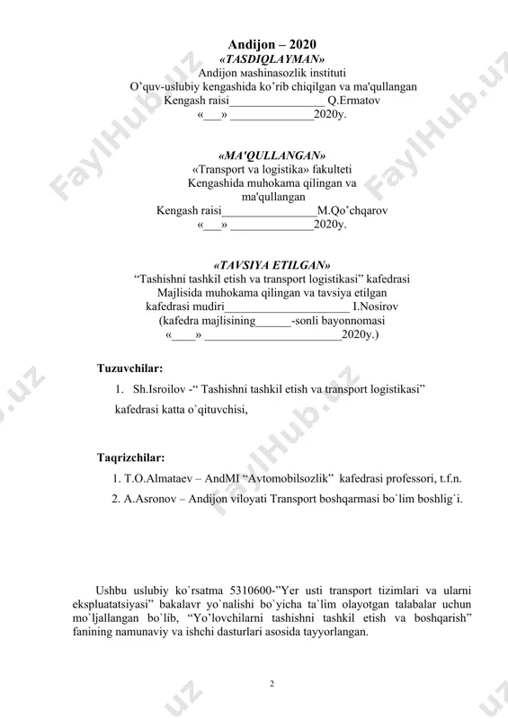 2. taksometr 3. adabiyotlar. 4.ishni bajarish tartibi: bugungi kunda yengil avtomobil-taksilar nafaqat shaharda va shahar atrofida,balki shaharlararo va xalqaro miqyosda ham aholi va korxonalarga transport xizmatini ko‘rsatmoqdalar. o‘zbekiston respublikasi vazirlar mahkamasining “o‘zbekiston respublikasida shahar yo‘lovchi transportini 2000-2005-yillarda rivojlantirish konsepsiyasi”da (26.11.1999-yil, 513-qaror) rejalashtirilgan asosiy vazifalardan biri bu mulkni davlat tasarrufidan chiqarish va xususiylashtirish dasturini amalga oshirish edi. shuning uchun ushbu dasturda 2005-yilga kelib yo‘nalishli va yengil avtomobillarda yo‘lovchilarni tashish asosan xususiy tashuvchilar tomonidan amalga oshirilishi qayd qilingan bo‘lib, bugungi kunda bu ishlar konsepsiyada belgilab qo‘yilganidek amalga oshirilayapti (xususiy transport vositalari egalari yuridik shaxs maqomini olgan holatda). takso motor transporti boshqa transportlardan o‘zining ma’lum bir ustuvorliklarga egaligi sababli ko‘plab yo‘lovchilarni tashib yo‘nalishda qatnayotgan umumfoydalanishdagi yo‘lovchi transportining ishini sezilarli darajada yengillashtirayapti. bunday ustuvorliklarga quyidagilarni ko‘rsatib o‘tish mumkin: 1.yo‘lovchilarni eshikdan eshikkacha olib borib qo‘yish imkoniyati. 2.harakat tezlligining yuqoriligi. 3.istalgan vaqtga taksi uchun buyurtma berish imkoniyati. 4. yo‘nalish tarmog‘i o‘tmagan ko‘chalardan ham harakatlanishi mkoniyati va …