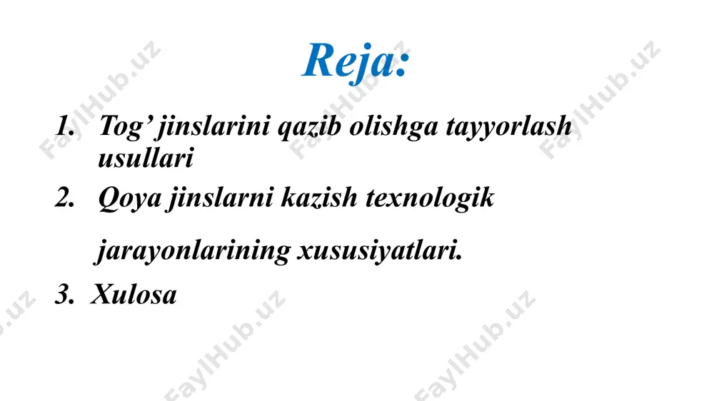 h chuqurligigacha joylashtiriladi. gidravlik usul. tog’ jinsini qazib olishning gidravlik usuli tog’ jinsi tarkibiga suv va eritmalar jo’natishga asoslangan. shag’al va qum qazib olish korxonalarida gidravlik usul, suv bilan yuvib olish yoki kimyoviy aralashmalar qo’llaniladi. bulardan tashqari burg’ulashning: elektrogidravlik, skvajinlarni burg’ulash va tog’ jinslarini kesishda (qirqishda) ulьtratovushlarni qo’llash, portlatib burg’ulash, plazmali burg’ulash turlari ham mavjuddir bulardan tashqari burg'ulashning: elektrogidravlik, burg'ulash va tog' jinslarini kesishda (qirqishda) ultratovushlarni qo'llash, portlatib burg'ulash, plazmali burg'ulash turlari ham mavjuddir. o'ta zich, muzlagan va yarim qoyali tog' jinslarini qazib olishga tayyolashda turli xil yumshatuvchi mexanik vositalaridan foydalaniladi: ekskavator cho'michi, traktorli yumshatgichlar. portlatish usuli bilan yumshatishga qaraganda mexanik usul bilan yumshatishda yuqori unumdorlikka erishiladi. bu usul tog' jinsi qattiqligi f=6 gacha bo'lgan tog' jinslarida arzon tannarxga ishlarning bexatar olib borilishiga erishiladi. qoya jinslarni kazish texnologik jarayonlarining xususiyatlari. qoya jinslarni ishlash texnologiyasi quyidagi jarayonlardan iborat: ochish, burg’ulash-portlatish; tog’ jinslarini mexanik usulda yumshatish; bir cho’michli ekskovatorlar,pogruzchiklar, skreperlar, buldozerlar yordamida …
