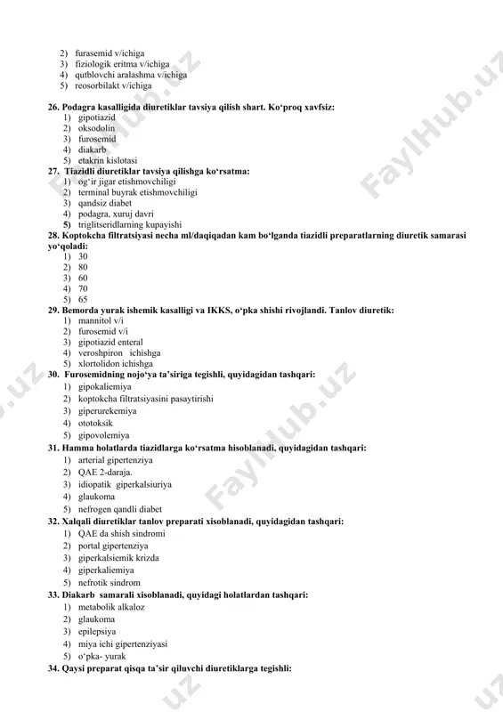 koptokcha filtratsiyasini kamayishi 5) kunlik diurez 3litr 42. qaysi preparat amilorid buyurilganda kaliy ushlanishini kuchaytiradi: 1) nebivolol 2) kaptopril 3) furosemid 4) nitrosorbid 5) gipotiazid 43. qaysi preparat diuretiklar buyurilganda kaliy kamayishini kuchaytiradi: 1) enalapril 2) rezerpin 3) kaptopril 4) indometatsin 5) nifedipin 44. qaysi klinik vaziyatda diuretiklar samarali emas: 1) giperkalsiemiya 2) giponatriemiya 3) giperalbuminemiya 4) arterial gipertenziya 5) jigar etishmovchiligi 45. qaysi diuretik koptokcha filtratsiyasi 10ml/daq. bo‘lganda xam samarali hisoblanadi: 1) atsetazolamid 2) indapamid 3) torasemid 4) triamteren 5) gipotiazid image1.gif image2.jpeg image3.jpeg image4.jpeg image5.jpeg
