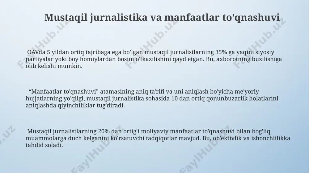 tformalarini rivojlantirish orqali, jurnalistlarning 50% gacha bo'lgan manbalarga kirishini yaxshilash va obyektivlikni oshirish mumkin. axloq kodekslarini qayta ko'rib chiqish va yangi, kamida 10 ta aniq band qo'shish orqali, manfaatlar to'qnashuvini oldini olish mexanizmlarini kuchaytirish zarur. axborotning e'tiborga olinishi va manfaatlar to'qnashuvi axborotning e'tiborga olinish darajasi 50% ga yaqin ijtimoiy tarmoqlarda shakllanib, bu esa manipulyatsiya va noto'g'ri ma'lumotlar tarqalish xavfini oshiradi. oavdagi 10 ta yirik kompaniyadan 7 tasida manfaatlar to'qnashuvi holatlari aniqlangan bo'lib, bu axborotning ob'yektivligi va ishonchliligiga salbiy ta'sir ko'rsatadi. "clickbait" texnologiyalari va reklama daromadlarining o'sishi natijasida axborotning buzib ko'rsatilishi 3 barobar ko'paygan, bu esa manfaatlar to'qnashuvi muammosini yanada kuchaytiradi. shaxsiy manfaatlar to'qnashuvi korrupsiya, shaxsiy boylikni oshirish va boshqa shaxsiy manfaatlar to'qnashuvi sababli ommaviy axborot vositalarining 5% dan ortig'i o'z faoliyatini to'xtatgan yoki qonun bilan bog'liq muammolarga duch kelgan. jurnalistlarning shaxsiy manfaatlar to'qnashuvi natijasida 15 dan ortiq yirik ommaviy axborot vositalarida e'lon qilingan maqolalarni tahrir qilish yoki o'zgartirish holatlari qayd …