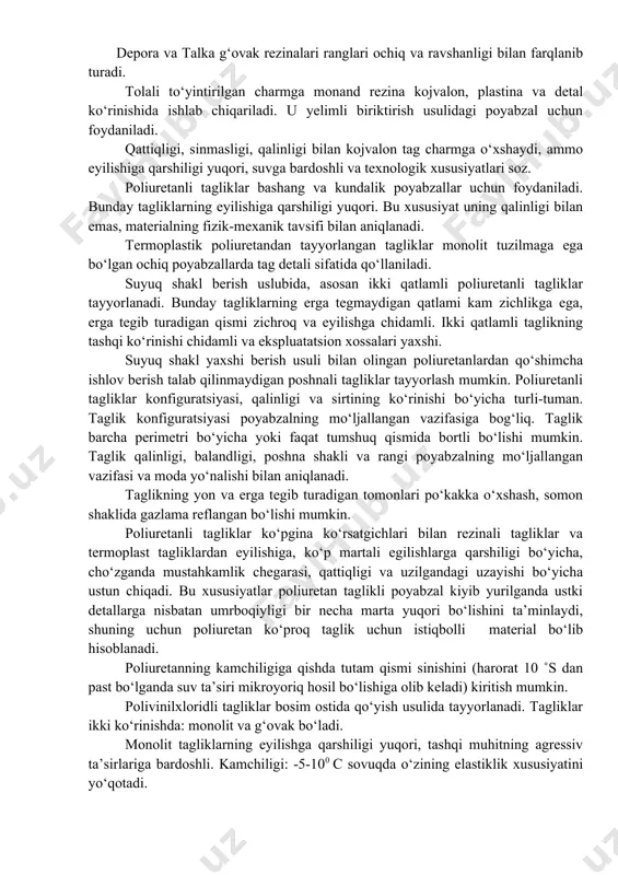 huklar qo‘llaniladi. quyiluvchi rezina qorishmalar uchun modifikator sifatida etilen - propilen va butil kauchuklari ishlatiladi. bu materiallar poyabzal ishlab chiqarish uchun eng istiqbolli material bo‘lib, o‘zining yuqori fizik-mexanik xossalari bilan ajralib turadi. asosiy xususiyatlaridan biri, past haroratda rezinaga xos xususiyatlarni namoyon etsa, yuqori haroratlarda termoplastlarga xos xususiyatlarni mujassamlashtirgan, ya’ni qovushqoq oquvchan holatiga o‘tadi va ma’lum ishlov berish usullari bilan ishlov beriladi. taglik tayyorlashda turli marka va guruhdagi rezinalar qo‘llaniladi. b va bsh markadagi rezinalar 4,4 mm dan 8,7 mm qalinlikgacha ishlab chiqariladi va 4ta guruhga bo‘linadi. v markadagi rezina 3xil guruhda 12 mm qalinlikda ishshlab chiqariladi, vsh markadagi esa 10ta guruhda 3-16 mm qalinlikda ishlab chiqariladi b, bsh, v, vsh markadagi rezinalar zichligi past, issiqdan himoya qilish xossalari yaxshi va suvga chidamli. bu markalarning kamchiligi shundaki, qalin tagliklar tez sinadi, vulqonlashdagi kirishishi (o‘lchamlarining yonlama qisqarishi) katta va emirilishga qarshilik etarlicha emas. ish markadagi g‘ovak plastinalar elimli birikmali poyabzal tagligini tayyorlashda …