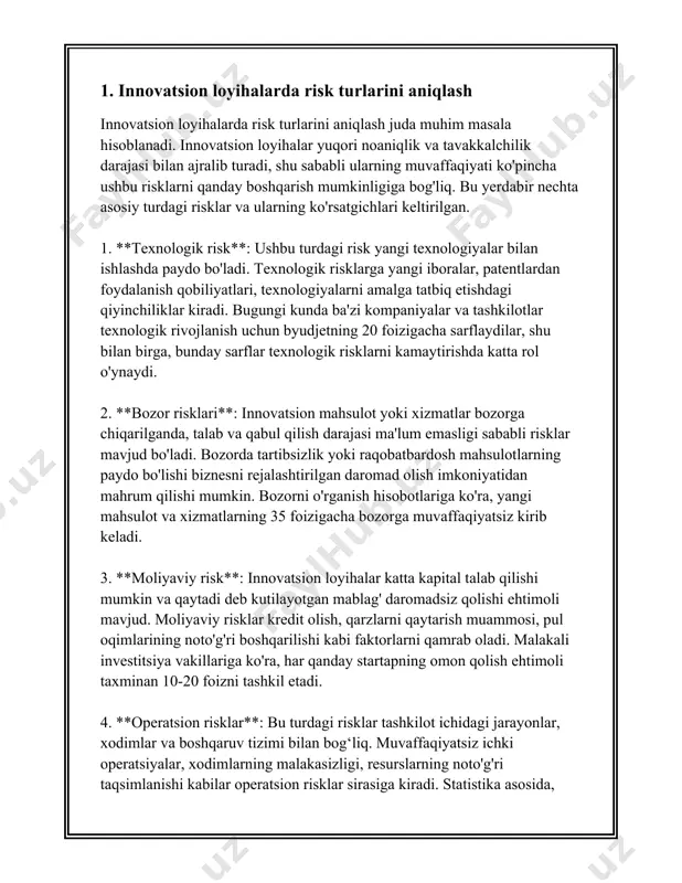 jarayonni amalga oshirishda qo‘llaniladigan asosiy metodlar: 1. risklardan qochish (avoidance): bu metod biror xavf-xatardan butunlay qochishni ko‘zda tutadi. korxonalar xavfli bo‘lgan faoliyat yoki loyihalardan voz kechish orqali noaniqliklarni kamaytirishga erishadilar. masalan, teksa sohada o‘z harajatlarini qisqartirishi mumkin bo‘lgan xatarli biznesga kirishni rad etish. 2. riskni kamaytirish (reduction): bu usul xavfni kamaytirish choralarini ko‘rishga qaratilgan. bunda korxonalar xavfni keltirib chiqarishi mumkin bo‘lgan sabablar va sharoitlarni o‘rganib, ehtimoliy zararlar miqdorini kamaytirish chora-tadbirlarini amalga oshiradilar. masalan, texnologik modernizatsiya orqali ishlab chiqarish jarayonining xavfsizligini oshirish mumkin. 3. riskni uzatish (transfer): ushbu strategiya orqali riskni boshqa tomonlarga uzatish ko‘zda tutiladi. bu asosan sug‘urta shartnomalari orqali amalga oshiriladi, ya’ni korxonalar ularning ko‘p miqdorda zarar ko‘rish ehtimolini sug‘urta kompaniyasiga topshiradilar. sug‘urta bu borada eng keng tarqalgan vositadir. 4. riskni qabul qilish (acceptance): bu strategiya xavf bilan yashashni tan olishdan iboratdir, ya’ni korxona ma’lum bir xavfni o‘z zimmasiga oladi va u bilan yashashga tayyorligini bildiradi. bu xavflar bilan …