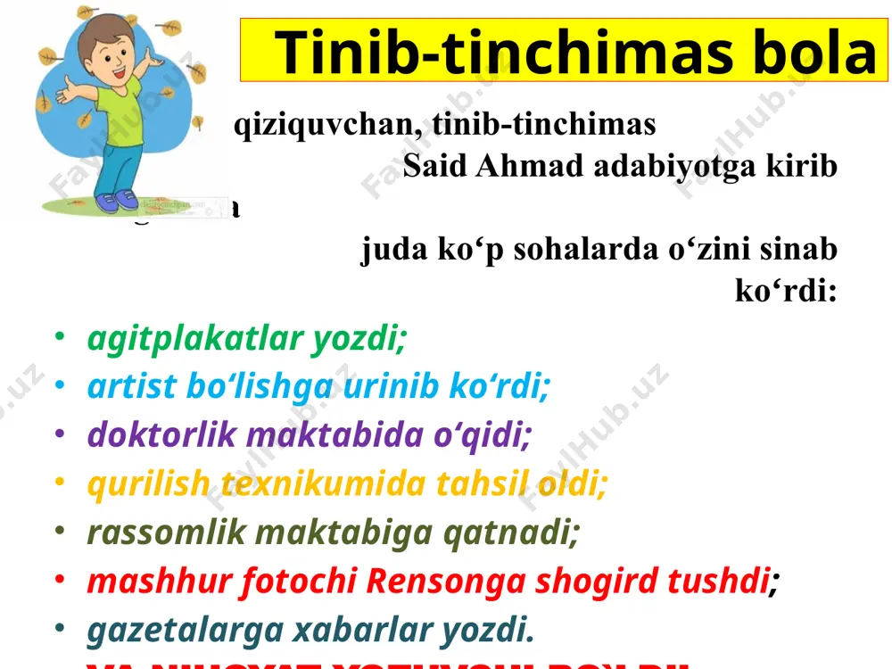 illayev beparvo. - yo‘q, xo‘jayin so‘ramang. siz bilan shu maqsadda oshno bo‘lmaganman. bunaqa gapni aytsangiz uyingizga ikkinchi qadam bosmay ketaman”. 180 ta 30 ta bu orada tillayevning eski bod kasali tutib, yotib qoldi. tillayev ministrlikka ariza yozib, ishdan bo‘shatishlarini so‘radi. bod qanday kasallik? bu xastalik organizmdagi turli yallig‘lanishlar asorati (bodomcha bezlarining surunkali kasalligi) va bo‘g‘imlarda tuzlarning to‘planishi sababli kelib chiqadi. chunki inson o‘z hayoti mobaynida iste’mol qilgan barcha oziq-ovqatlar tarkibidagi tuzlar asta-sekin organizmda to‘planib boradi. yosh o‘tgan sari bu tuzlarning yig‘ilishi kuchayadi. oqibatda suyaklarning ustki qismlari, ko‘proq bo‘g‘imlarda to‘plangan tuz ta’sirida harakat qilish, bo‘g‘imlarni bukish va turli harakatlarni bajarish qiyinlasha boshlaydi. buning ustiga organizmning immuniteti pasayishi natijasida bo‘g‘imlardagi og‘riqlar yanada kuchayadi. bilib oling! bir mahal qarasa, ko‘chaning narigi betida qurbonboy qoplonni yetaklab yuribdi. chaqirsa it qaradi-yu, qurbonboy qaramadi… - bizning it qalay? - dedi yangi direktor. - bu itni taniyman, - dedi tillayev va nariroqda yangi direktorning charm to‘nini tuflab …