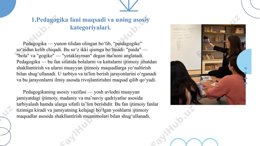 gi, xulq- atvori va dunyo-qarashini tarkib toptirish jarayoni. ta’lim - o‘quvchilarni nazariy bilim, amaliy ko‘nikma va malakalar bilan qurollantirish, kompetentlikni tarkib toptirish, ularning bilish qobiliyatlarini o‘stirish va dunyoqarashlarini shakllantirishga yo‘naltirilgan jarayon. bilim - shaxsning ongida tushunchalar, umumlashmalar, ma’lum obrazlar ko‘rinishida aks etuvchi borliq haqidagi tizimlashtirilgan ilmiy ma’lumotlar majmui. ko‘nikma - shaxsning muayyan faoliyatni tashkil eta olish layoqati. malaka - muayyan harakat yoki faoliyatni bajarishning avtomatlashtirilgan shakli. kompetensiya - egallangan bilim, ko‘nikma va malakalarni kundalik va kasbiy faoliyatda qo‘llay olish qobiliyati. ma’lumot - ta’lim-tarbiya natijasida o‘zlashtirilgan va tizimlashtirilgan bilim, hosil qilingan ko‘nikma va malakalar hamda tarkib topgan dunyoqarash majmui. shakllantirish - shaxsda barqaror xususiyat va sifatlarni belgilangan talab va me’yorlae asosida tarkib toptirish jarayoni. rivojlanish - shaxsning fiziologik va intellektual o‘sishida namoyon bo‘ladigan miqdor va sifat o‘zgarishlar mohiyatini ifoda etuvchi murakkab jarayon. pedagogikaning boshqa fanlar bilan aloqasi. ijtimoiy tarbiya mohiyatini ilmiy jihatdan asoslash ma’lum pedagogik hodisaning muayyan vaziyatlarda namoyon bo‘lish qonuniyatlarini …