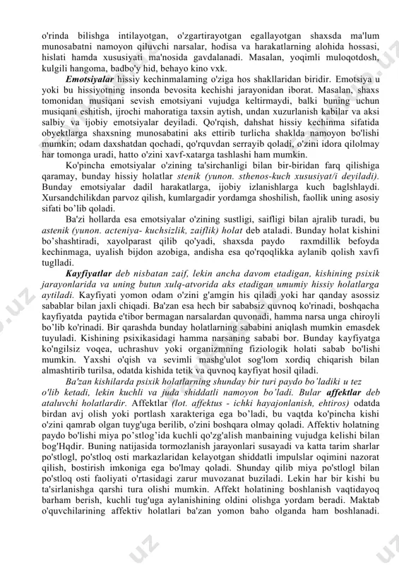 i murakkab his-tuyg'ularning fiziologik asosidir. his-tuyg'ularning paydo bo'lishi uchun dinamik stereotiplar katta ahamiyatga ega. "meninicha odatdagi yashash sharoiti o'zgarganga, odat bo'lib qolgan mashg'ulotlar to'xtab qolganda , yaqin kishilardan judo da ko'pincha kechiriladigan oglr his-tuyg'ular, aynan eski dinamik stereotipriing o'zgarishida, buzilishida va yangi stereotipni vujudga keltirishning qiyinligida ma'lum darajada o'zining fiziologik asosiga ega bo’ladi". i.p.pavlov to'qnashuvlar, qo'zg'alish va tormozlanish jarayonlarming "turtkilari" yoqimsiz kechinmalaming sababi bo’ladi. agar men biror narsa bilan band bo’lib turganimda, meni muayyan qo'zg'atuvchi jarayon yo'lga solib turadi. agar mana shu vaqtda menga "falon narsani qil!" desalar men o'zimni noqulay sezaman. bu meni band qilib turgan kuchli qo'zg'atuvchi jarayonni to'xtatishim, so'ngra boshqasiga o'tishim kerak, degan gapdir. injiq bolalar deb ataluvchi bolalar bu jihatdan klassik misol bo'la oladi. siz ularga biron narsa qilishni buyurasiz, ya'ni bnoladan bir qo'zg'atuvchi jarayonni to'xtatib, boshqasini boshlashni talab qilasiz. axvol shu darajaga borib yetadiki bola o'zini polga otib, oyoqlari bilan uni tepa boshlaydi vxk." katta …