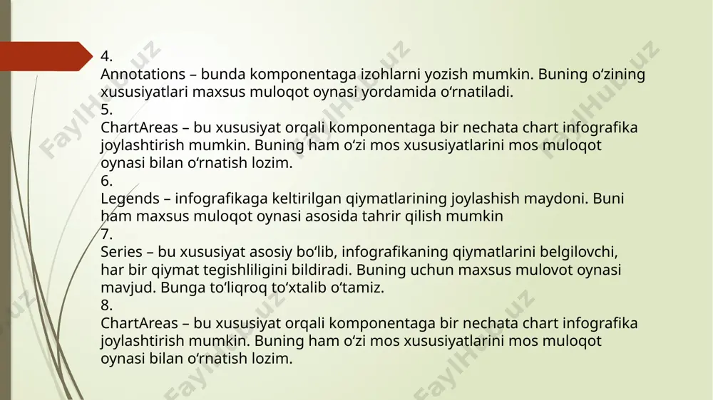 ardan biridir. bularni hisobga olib biz quyida c++ builder dasturlash tilining grafik imkoniyatlaridan foydalanib funksiya grafiklarini chizish jarayonini bayon etamiz. shu maqsadda bir nechta funksiyalarning grafik tasvirini oʻzida aks ettiruvchi dastur qanday yaratilishini koʻrib oʻtamiz. buning uchun quyidagi amallar ketma ketligi bajariladi: c++ builder dasturini ishga tushiramiz va yangi forma ilovasini yaratamiz. loyiha nomini oʻzgartirish uchun form1 ning caption xususiyatini oʻzgartiramiz. additional komponentalar boʻlimidan chart komponentasini formaga joylashtiramiz. bu komponenta har xil turdagi grafik va diagrammalar yaratish uchun qoʻllaniladi. endi chart komponentasining xususiyatlarini oʻrnatamiz. align xususiyatining qiymatini allclient ga oʻzgartiramiz. bu orqali tasvirlanadigan grafikni formaning butun tekisligiga joylashtiramiz. void __fastcall tform1::formactivate(tobject *sender) double x,y,y1; series1->clear(); series2->clear(); for (x=-10;x addxy(x,y); series2->addxy(x,y1) chart1->refresh(); chart1->leftaxis->increment=(chart1->leftaxis->maximum-chart1->leftaxis->minimum)/5; ushbu dastur ishlashi natijasida quyidagi natija olinadi: 3.1. rasm. chart komponentasi yordamida yaratilgan dastur natijasi koʻrib oʻtilgan dastur loyihasi c++ builderning grafik imkoniyatlaridan biri boʻlib, masalaning qoʻyilishiga qarab uning boshqa imkoniyatlarini ham ishga qoʻshish mumkin. bundan tashqari grafik …