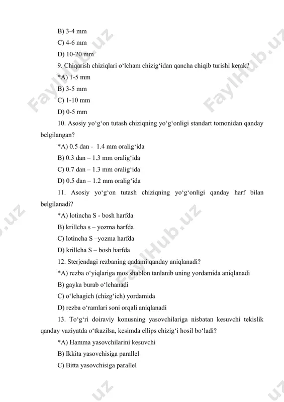 o‘rinishlar nechta? *a) oltita b) to‘rtta c) uchta d) ikkita 18. kesim nima? *a) detalning faqat kesuvchi tekislik bilan kesilgan joy tasviri b) detalning kesuvchi tekislik bilan kesilgan joy va uning orqasidagi tasviri c) kesuvchi tekislikkacha bo‘lgan detal qismining tasviri d) kesuvchi tekislik orqasidagi detal qismining tasviri 19. detal tasviridan tashqarida bajarilgan kesim nima deyiladi? *a) chiqarilgan kesim b) alohida kesim c) tasvirlararo kesim d) nosimmetrik kesim 20. simmetrik detallarning qirqimida qanday soddalashtirishlarga yo‘l qo‘yiladi? *a) ko‘rinishning yarmini qirqimning yarmi bilan birlashtirishga b) detalning bir qismini qo‘shimcha tasvirlashga c) detalning qirqilgan joyini shtrixlamaslikka d) detalning qirqimlarini qarama-qarshi shtrixlashga 21. qaysi format vertikal holda joylashtiriladi? *a) a4 b) a3 c) a2 d) a1 22. kesuvchi tekisliklar o‘zaro parallel joylashgan bo‘lsa, qanday qirqim hosil bo‘ladi? *a) pog‘onali qirqim b) siniq qirqim c) mahalliy qirqim d) murakkab qirqim 23. bino va inshootlarning tashqi ko‘rinishi nima deyiladi? *a) fasad b) reja c) umumiy ko‘rinish …